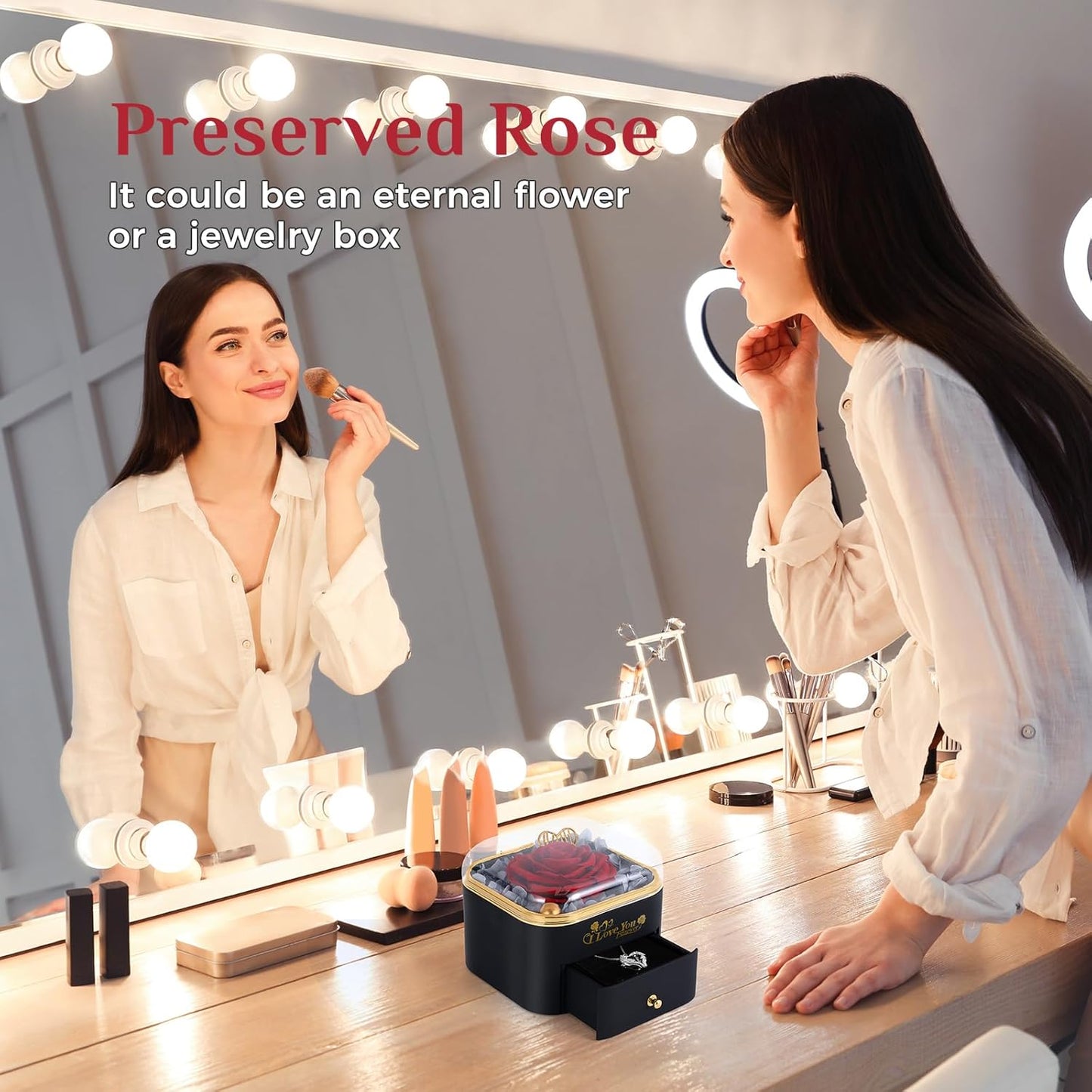 Mikasol Preserved Rose & Heart-Shaped Necklace with Jewelry Box - Preserved Rose, Ideal Romantic Gift for Women, Anniversary, Valentines, Black, 4.9"x4.5"x4.1"