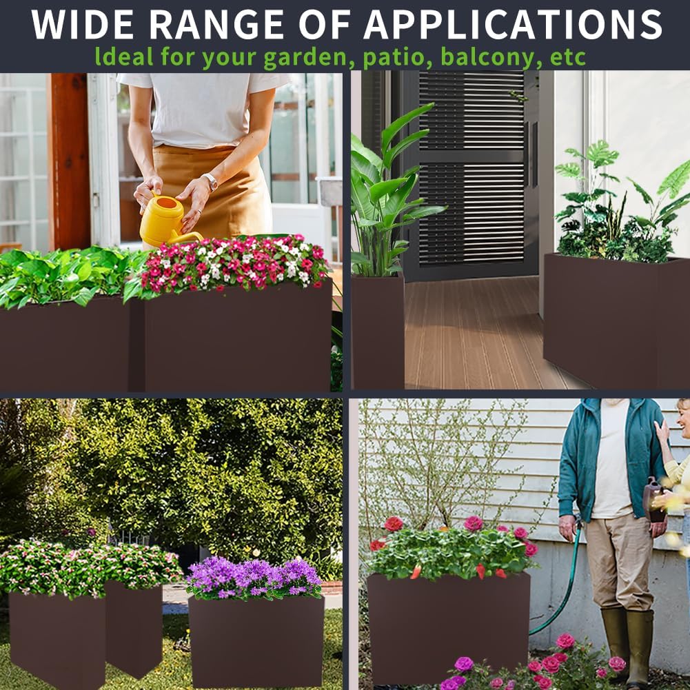 Metal Tall Long Planter Box Large Rectangular Planter Flower Pot with Drainage Holes for Indoor Outdoor Deck Porch Garden Home Patio Front Door (Espresso, M)