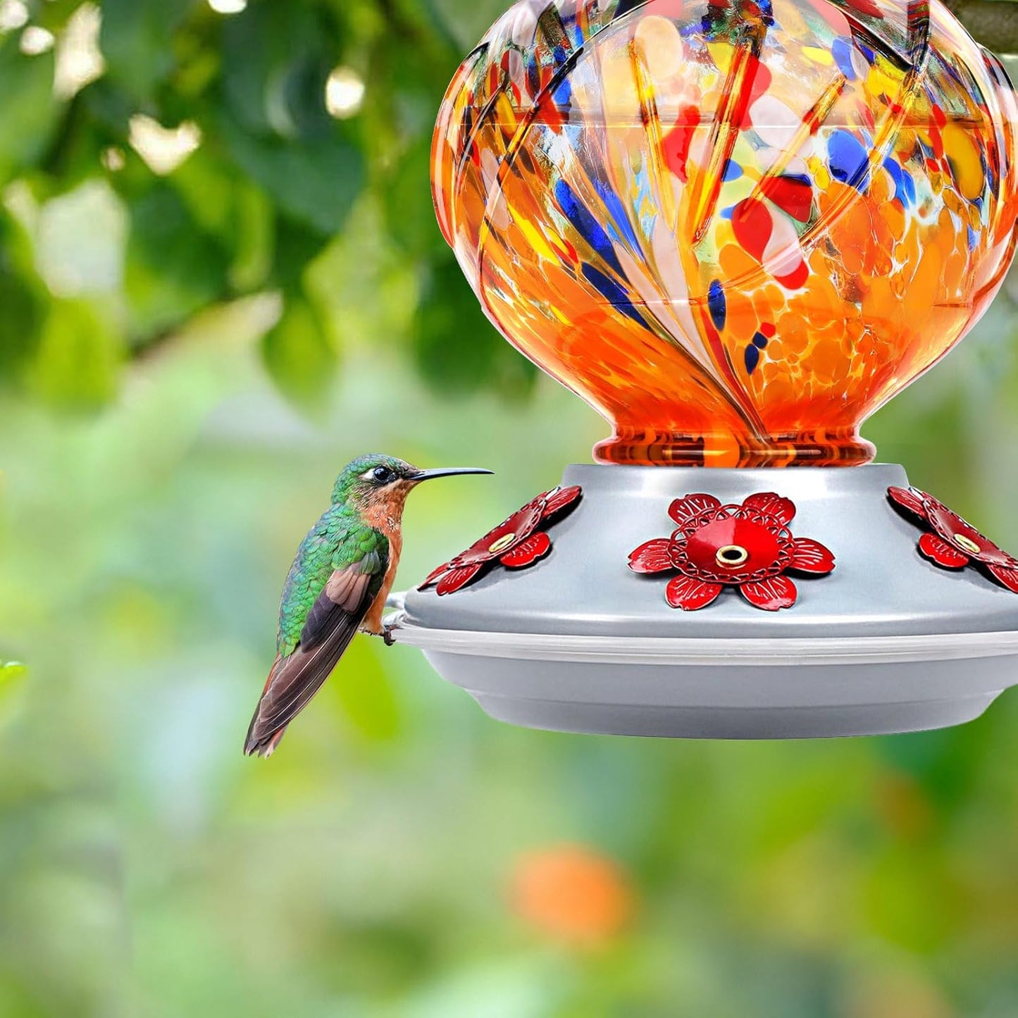 BOLITE Hummingbird Feeder, Hand Blown Glass Hummingbird Feeders for Outdoors Hanging, with Ant Moat and 5 Feeding Ports, 22 Ounces, Peony Flower Shape, Orange, Gifts for Women Men, Gifts for Mom Dad