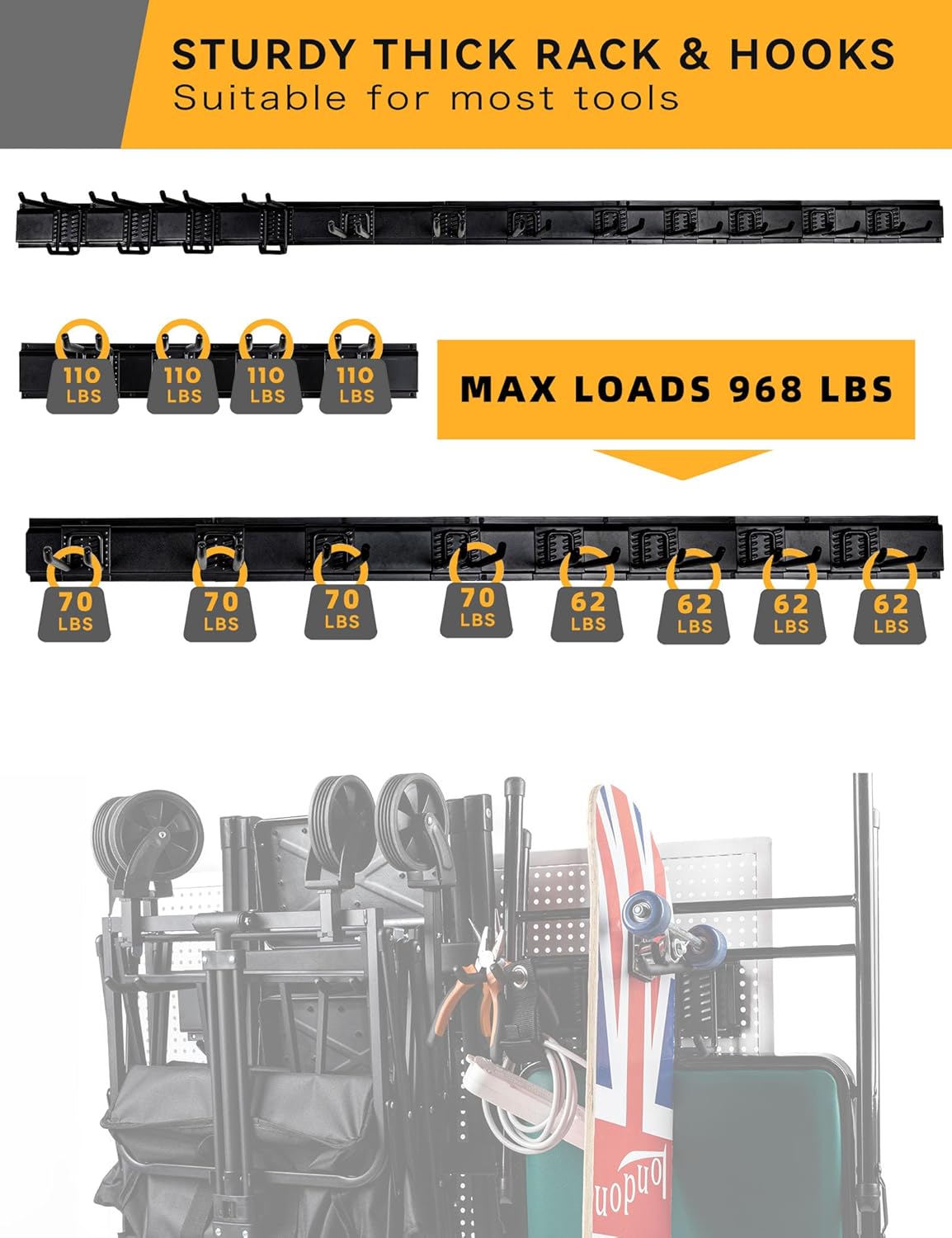 96 Inch Wall Mount Garden Tool Organizer, Garage Storage, Adjustable with 12 Heavy Duty Hooks and 4 Cable Ties, Max Load 960lbs, Black Iron, 96 x 1 x 4 Inches