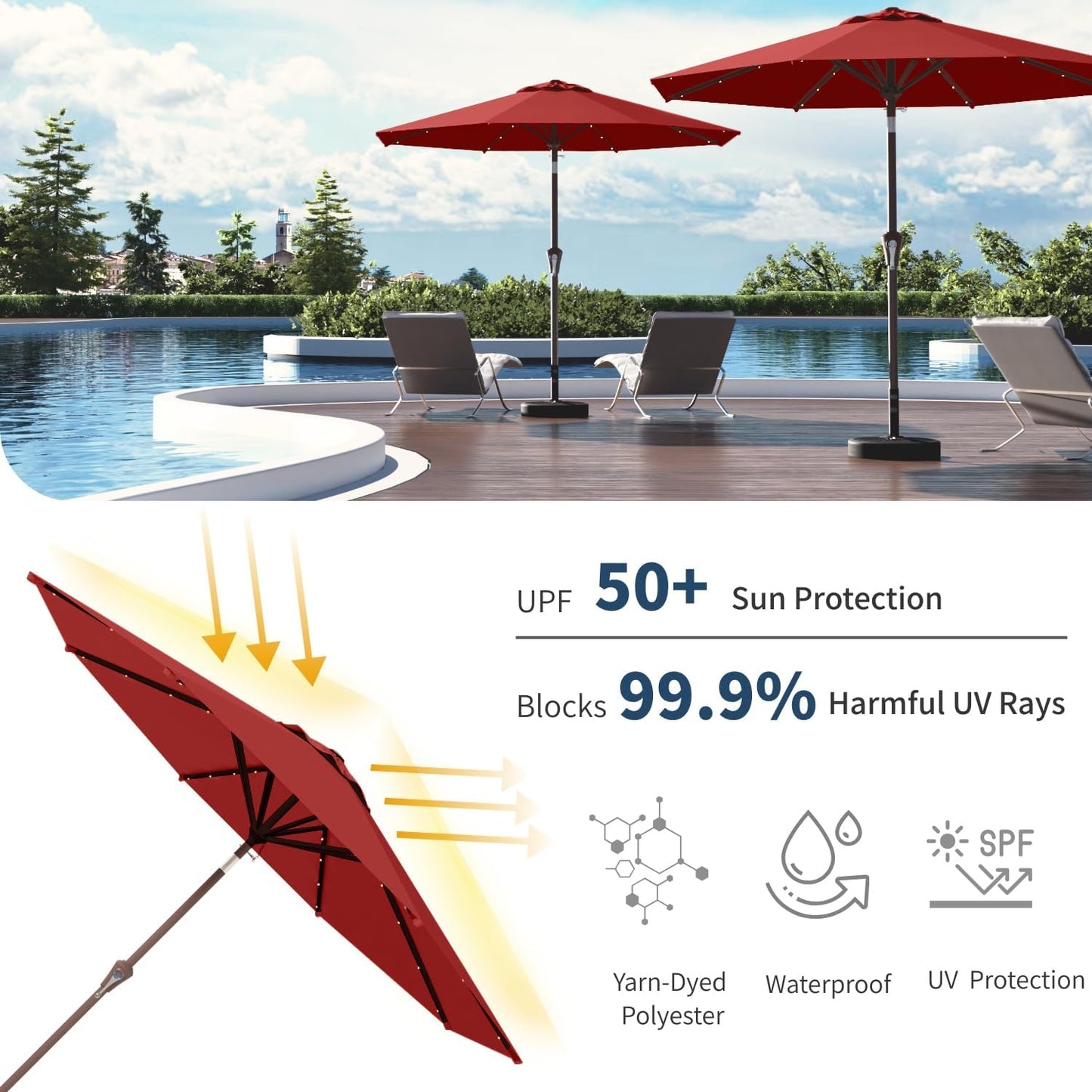 10FT Solar Umbrella 32 LED Lighted Patio Umbrella Table Market Umbrella w/Tilt and Crank, UV-Resistant Outdoor Umbrella for Pool, Garden, Deck, Red