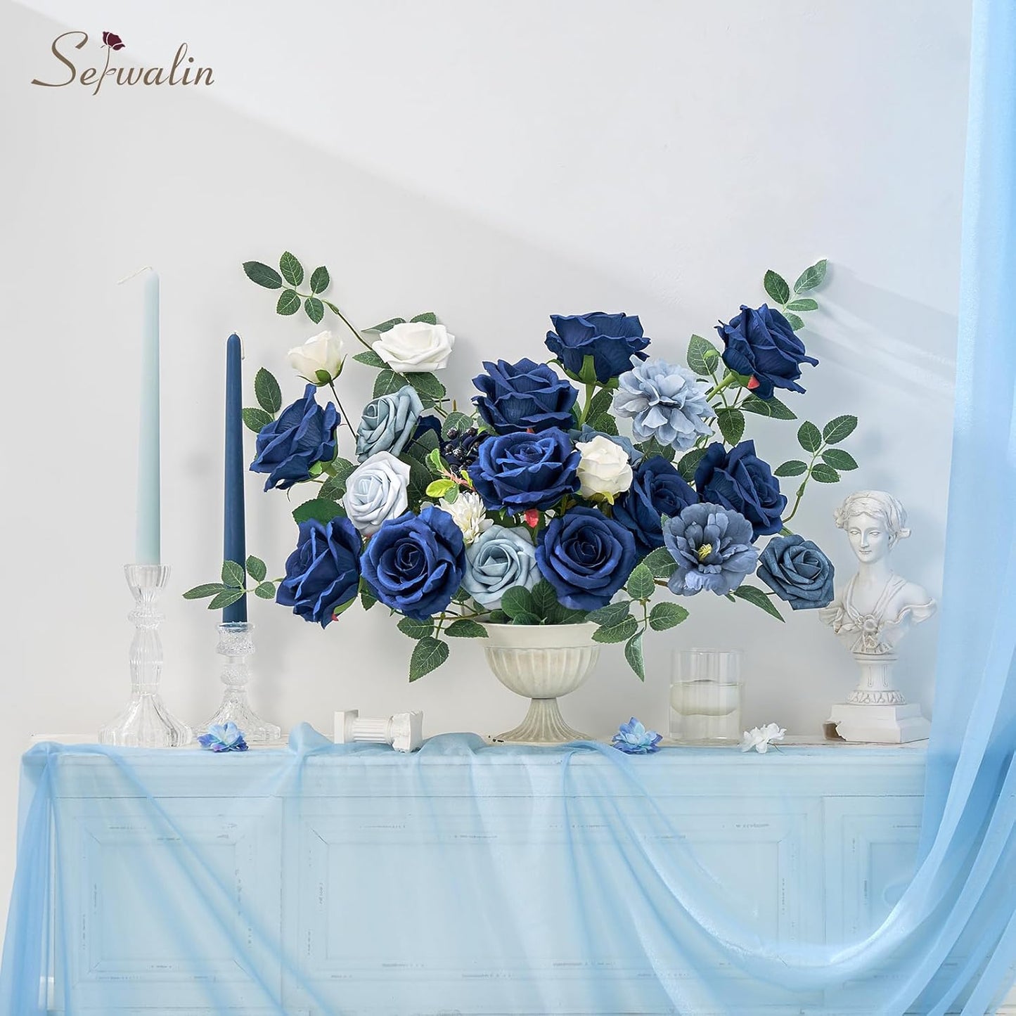 Serwalin 20pcs Navy Blue Artificial Roses, 4" Real Touch Silk Velvet Flowers, Long Stems Bouquet for Wedding, Home Decor, Table Centerpieces
