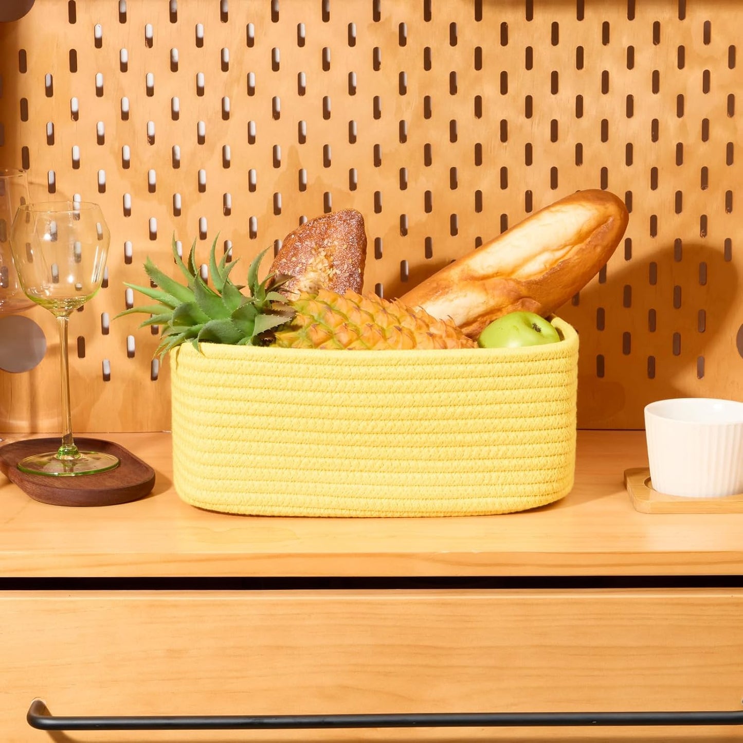 Small Storage Baskets for Organizing | Closet Organizer Bins | Shelf Toy Basket | Woven Rope Baskets | Cube Decorative Box | Shallow Basket | 11.5x7.5x4.7” | 3 Packs Yellow
