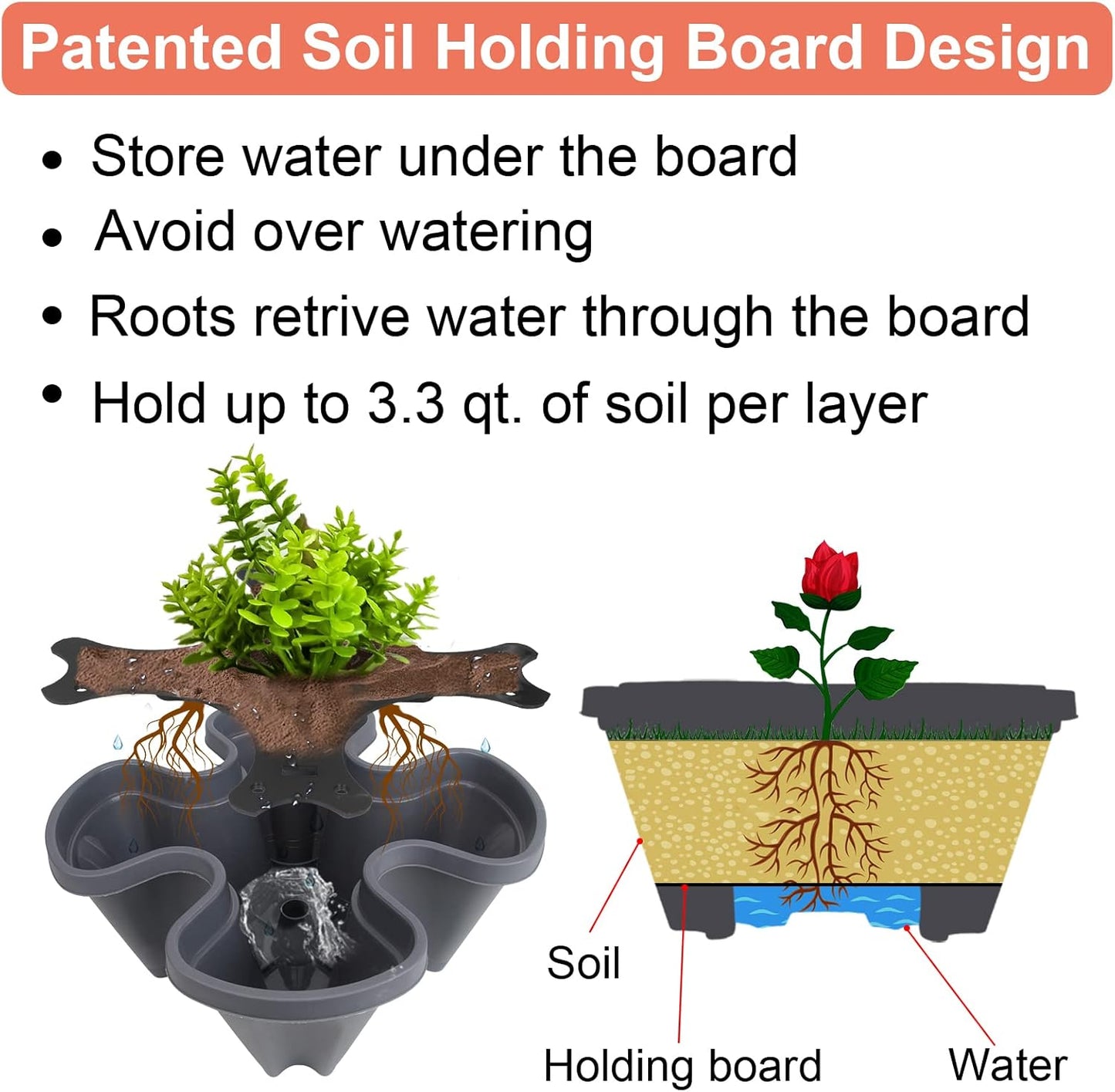 DUNCHATY Stackable Planter, Vertical Garden Planter with Wheels and Tools, Self Watering Strawberry Planter Indoor/Outdoor 4 Tier Herb Planter Pots for Growing Vegetables and Succulents, Dark Gray