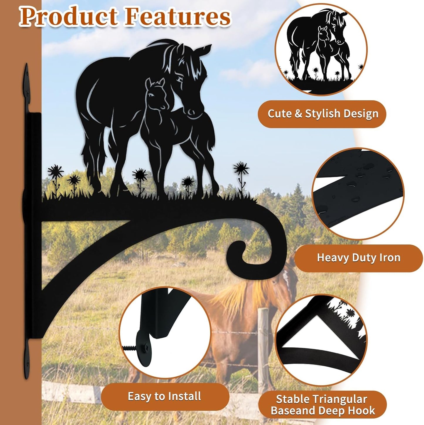 Plant Hangers Outdoor Heavy Duty Iron Decorative Mare & Foal Silhouette Plant Hooks for Hanging Baskets 11 inch Hanging Plant Bracket Wall Hooks for Flower Pot Bird Feeder Wind Chimes