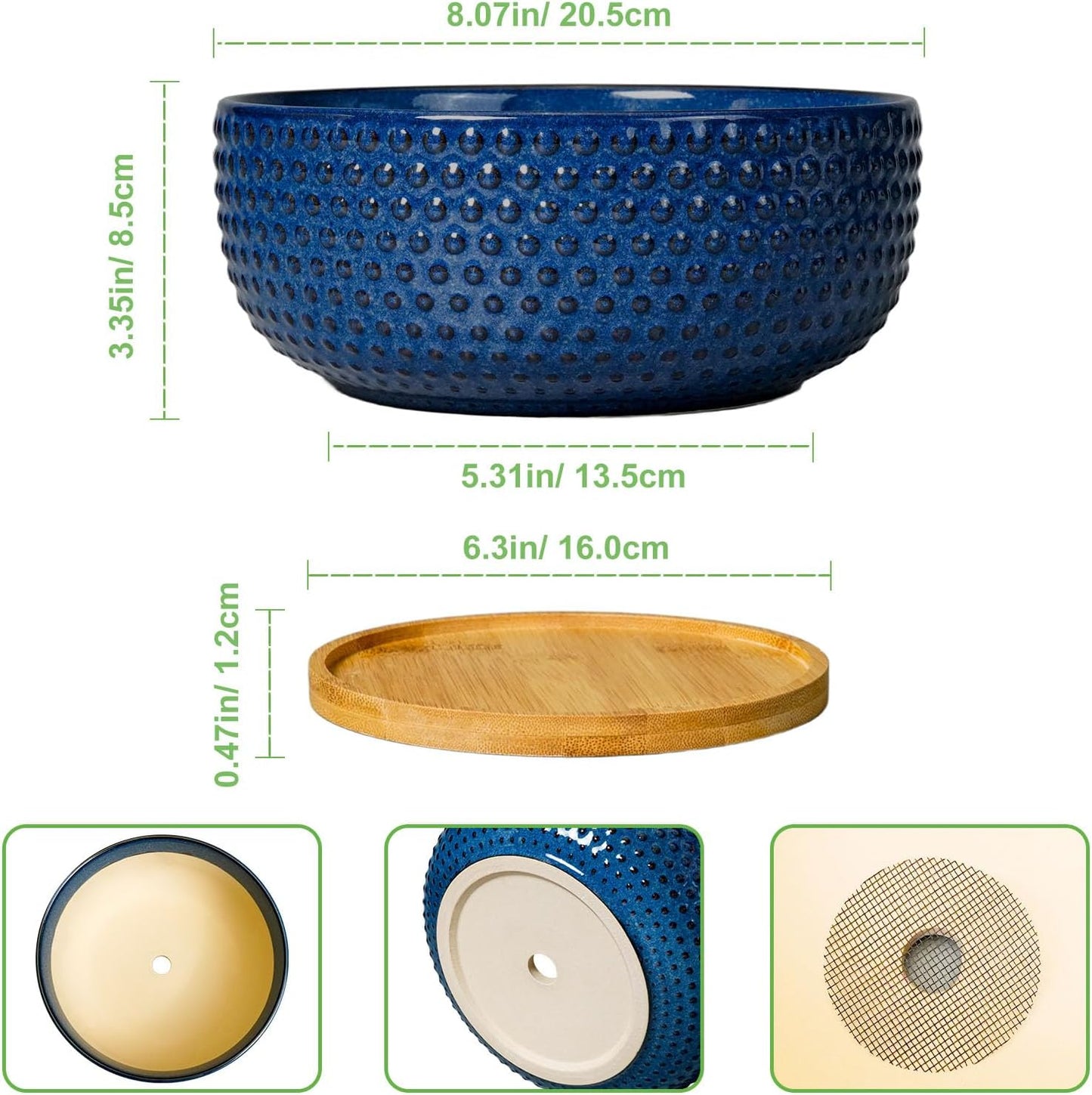 Bonsai Pots - 8 Inch Ceramic Pots for Succulent Plants & Bonsai Tree, Planter with Drainage Hole and Saucer, Modern Round Decorative Flower Planters, House Decor, Gifts for Women Man, Blue