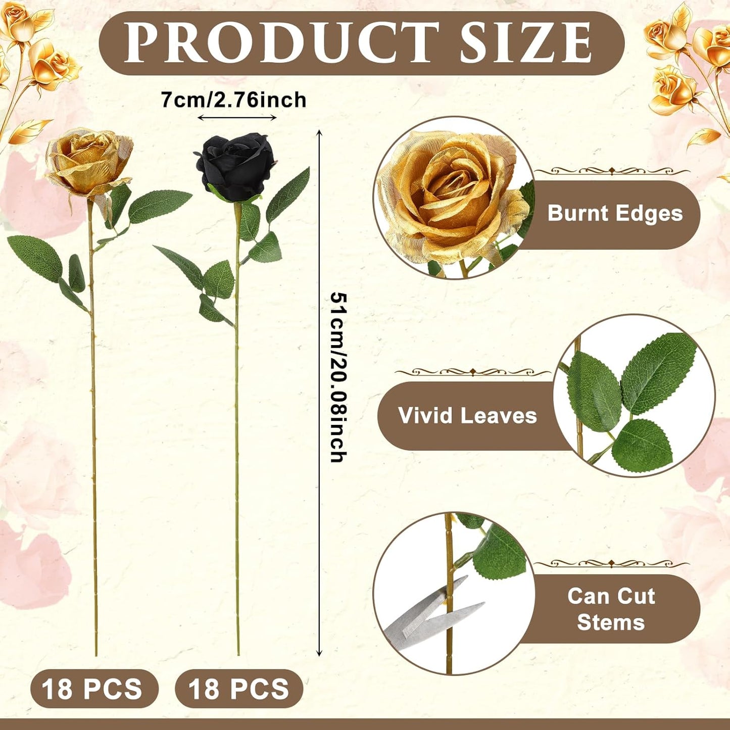 36 Pcs Silk Black Gold Rose Bouquet Bridal Artificial Flowers,Fake Rose Long Stem Realistic Flowers Bulk for Wedding Bouquet Ball Arrangement Centerpiece Party Decor