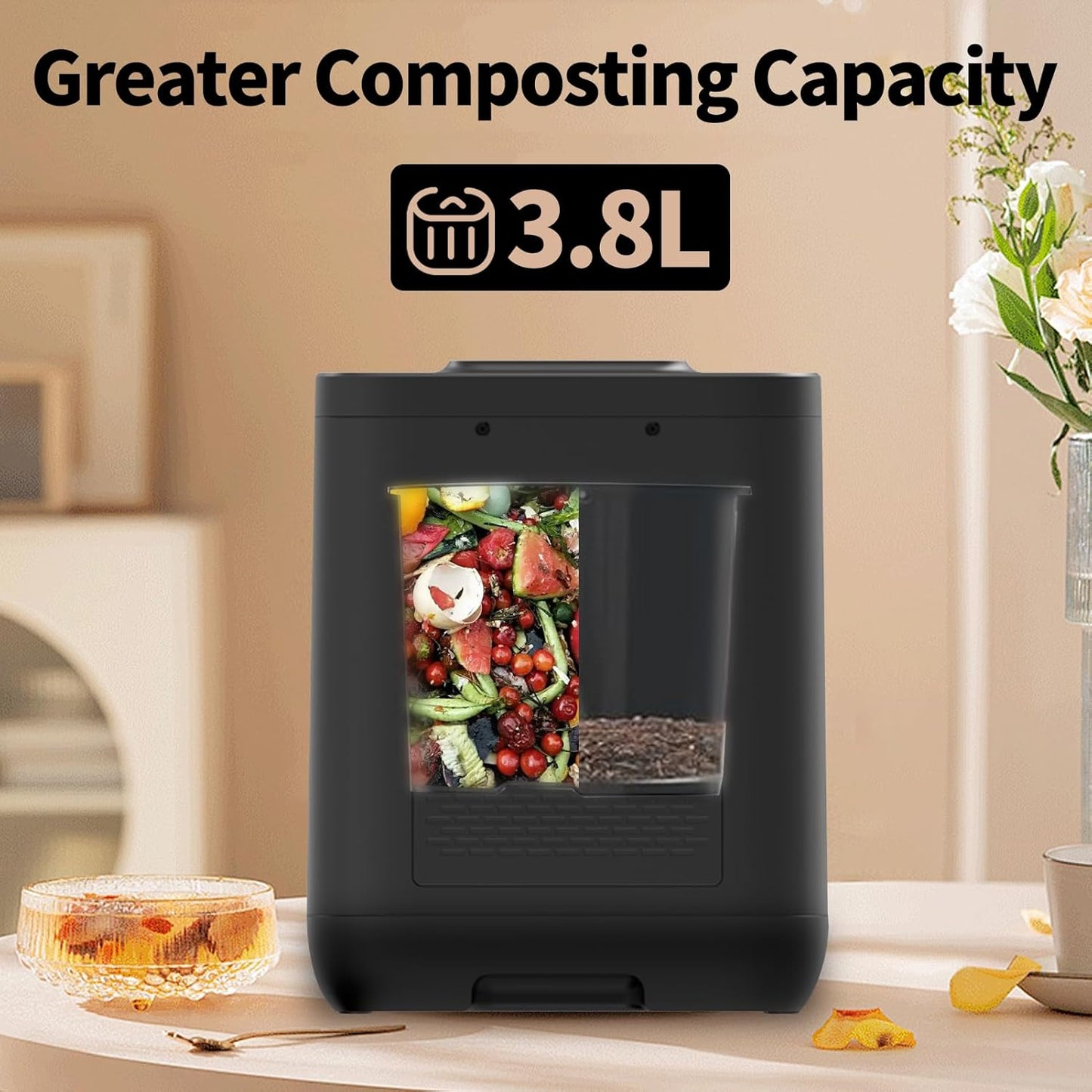 CREATIVECHEF Electric Composter,Upgraded 3.8L Electric Kitchen Compost Bin with Visual Cover,Converts Waste to Dry Compost,Indoor Smart Odorless Compost Bin,Black