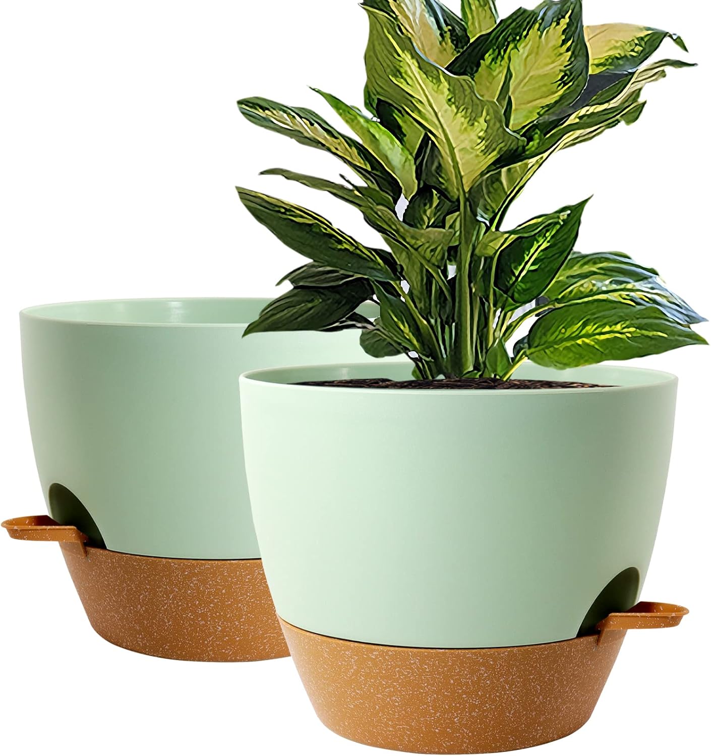 WOUSIWER 10 inch Self Watering Planters, 2 Pack Large Plastic Plant Pots with Deep Reservior and High Drainage Holes for Indoor Outdoor Plants and Flowers, Green with Terracotta