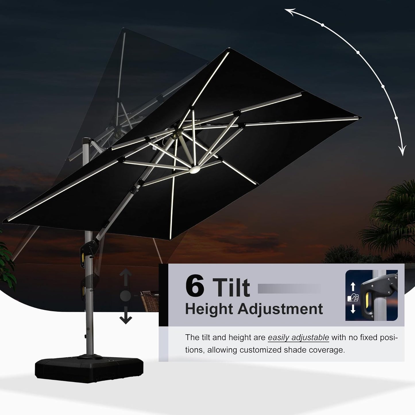 PURPLE LEAF 9 Feet Double Top Deluxe Solar Powered LED Square Patio Umbrella Offset Hanging Umbrella Outdoor Market Umbrella Garden Umbrella, Black