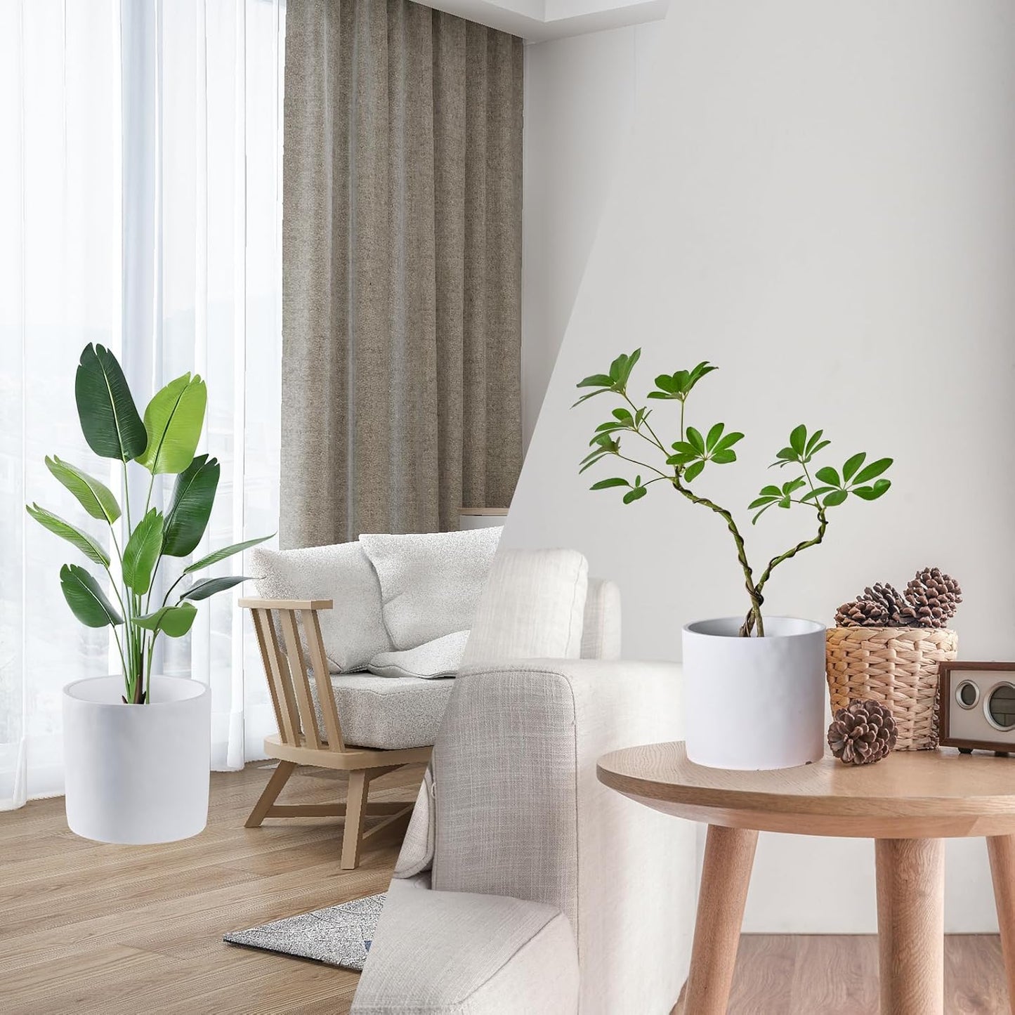 11 Inch Pot for Plants, Large Cement Planter with Drainage Hole, Mid-Century Modern Concrete Flower Pots for Home Decor, Office & Outdoor (White)