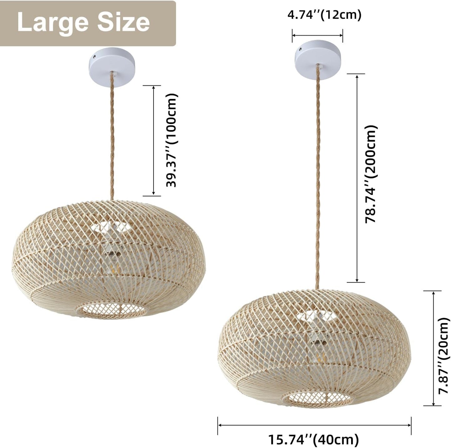 Rattan Pendant Light 16" 1-Light Hand-Woven Rattan Hanging Light，Wicker Woven Basket Chandelier，Modern Bohemian Pendant Lamp for Kitchen Island Foyer Farmhouse Porch