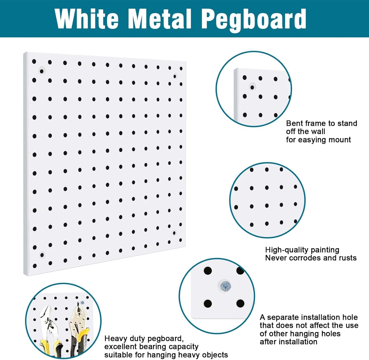 4 Pack Steel Peg Board,Universal 1/8 and 1/4 Pegboard Accessories,Ideal for Garage Tool Storage, Office Organization, Craft Room, Kitchen etc. (White, 4-12X12)