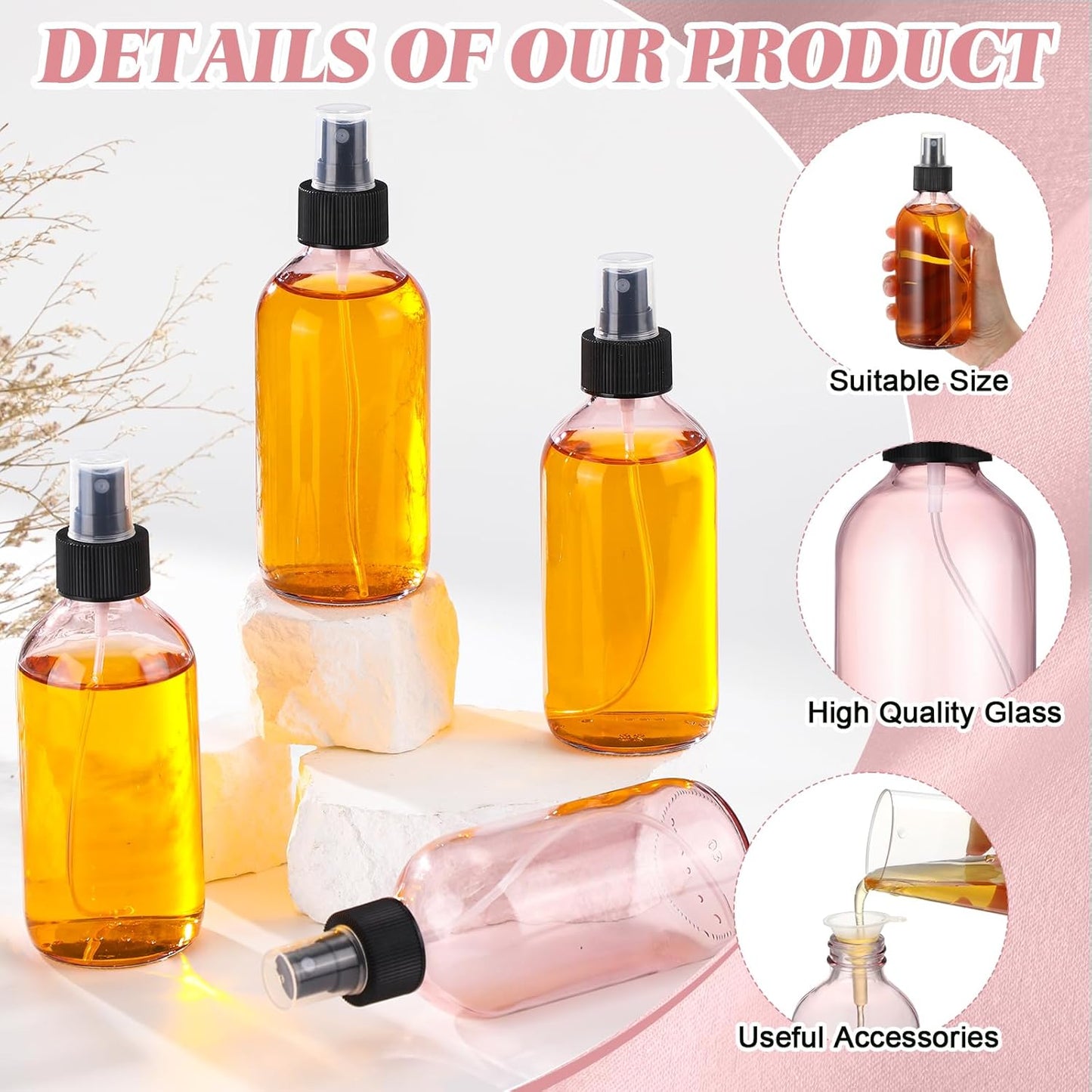 Norme 12 Pcs 8 oz Glass Spray Bottles with Funnels and Labels Refillable Cosmetic Empty Spray Bottles with Sprayer Containers for Essential Oil Cleaning Solutions(Pink,Stylish)
