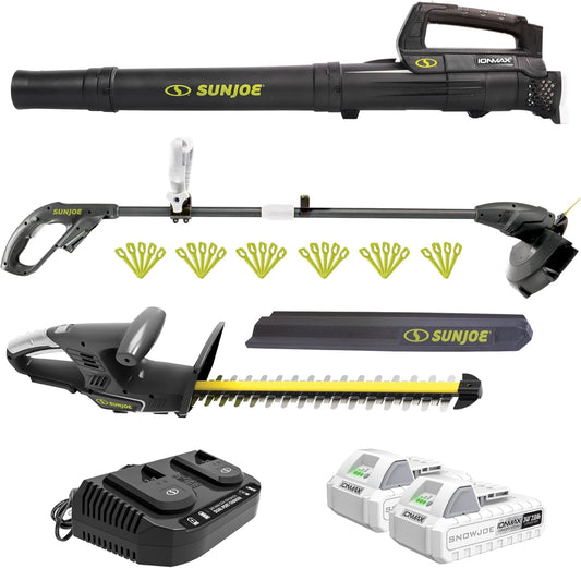 Sun Joe 24V IONMAX Cordless Leaf Blower, Grass and Hedge Trimmer Outdoor Garden Combo Power Tool Kit with Batteries and Charger, 24V-GT4MAX-LTE