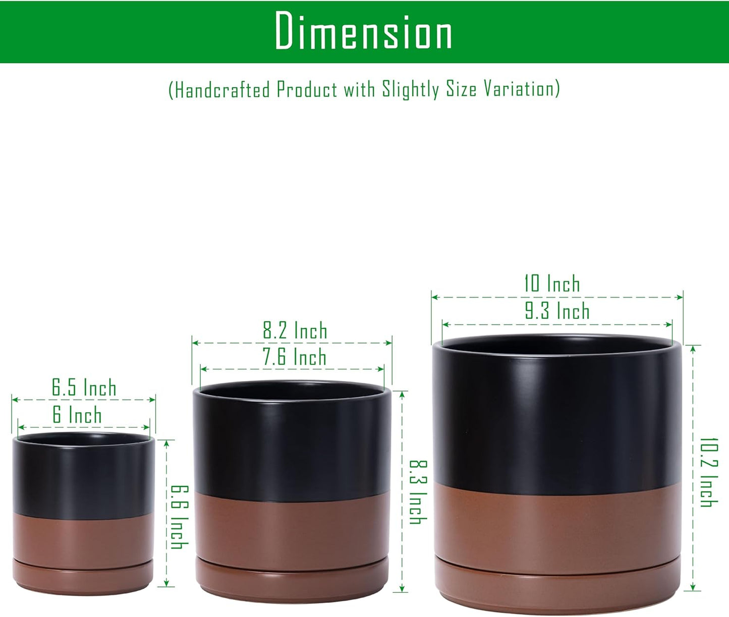 D'vine Dev 6 Inch & 8 Inch & 10 Inch, Set of 3 Round Ceramic Planter Pot with Drainage Hole and Saucer, Black/Speckled Tan, 94-T-L-7