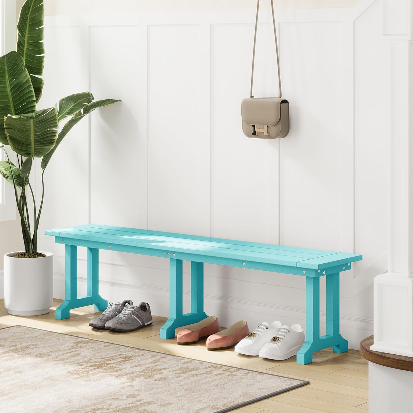 Outdoor Benches Weatherproof, Park Long Bench Poly Lumber Backless for Entryway Front Porch Garden Bench Seat for Patio, Turquoise