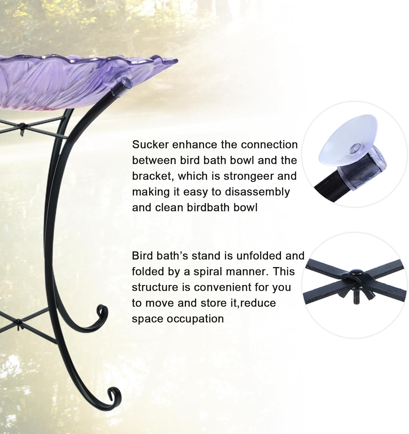 MUMTOP Outdoor Glass Birdbath with Metal Stand for Outside Yard Garden Decor, 18 inch Diameter Purple Bird Baths Bowl for Outdoors, 21 inch Height