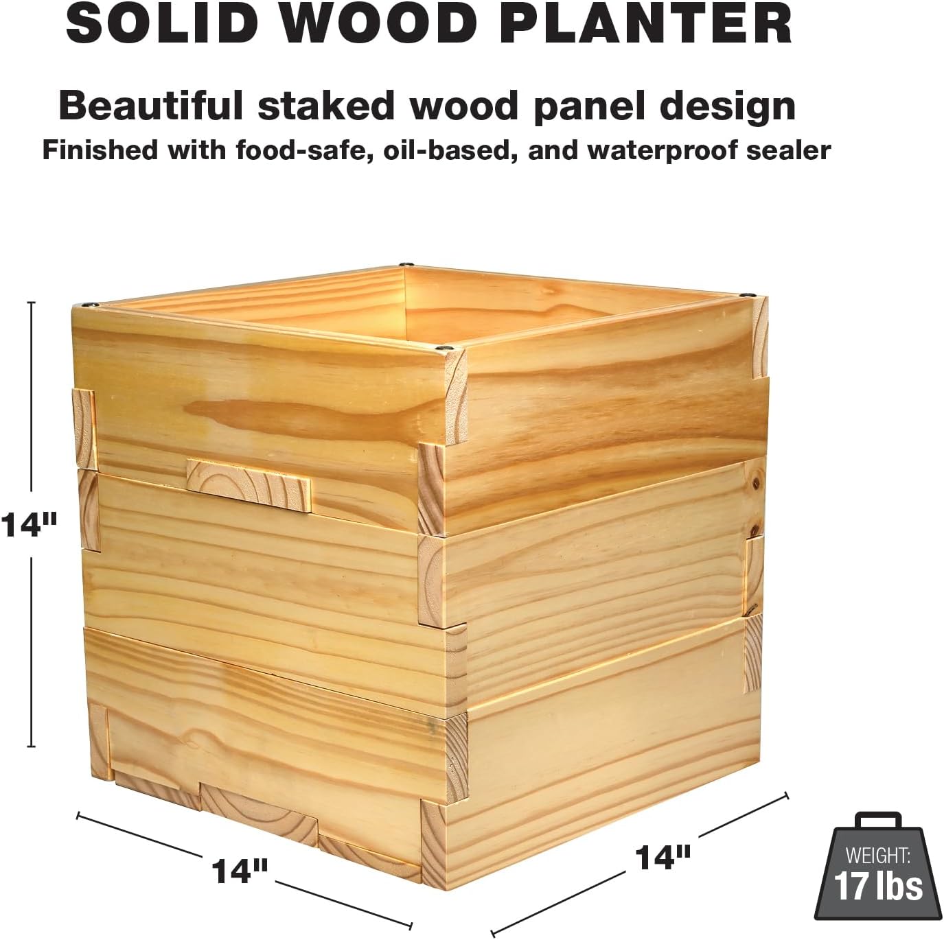 Excello Global Products Wooden Planter Box Set with 10' String Light Pole - 14"x14", Ready to Assemble.