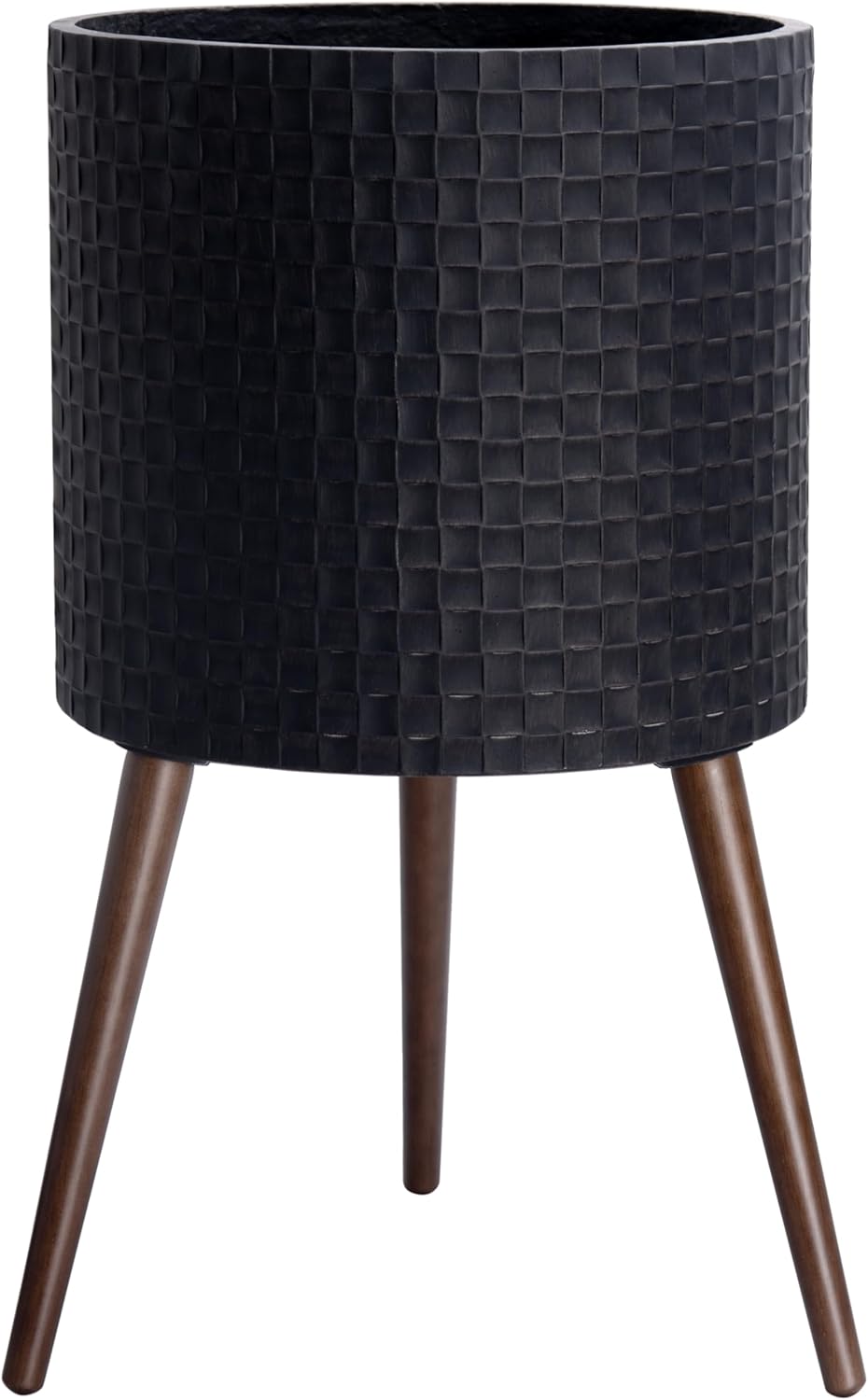 D'vine Dev 16 Inch Modern Geometric Tile Patterned Sleek Planter Pot with Stand, Indoor Outdoor Decorative Plant Holder, Distressed Black, 88-Z-E-5