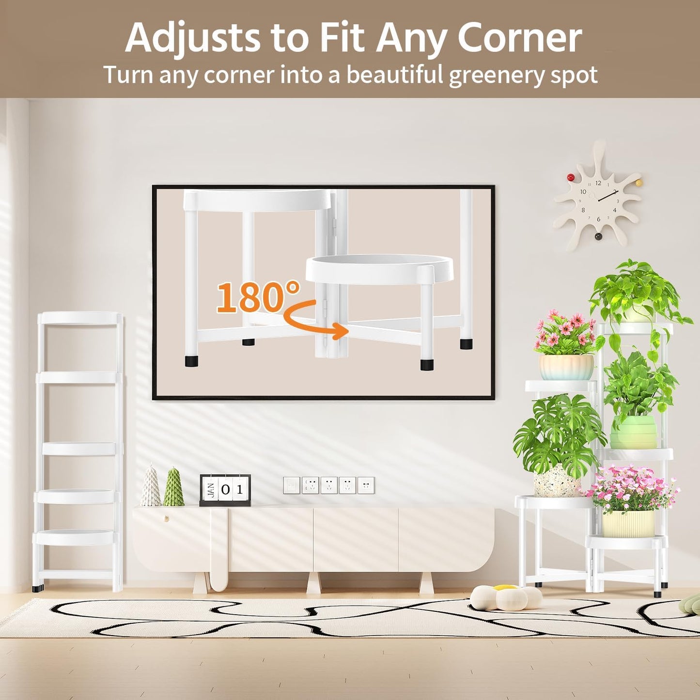 LASZOLA 5 Tiered Folding Plant Stand Indoor for Multiple Large Planter, Tall Heavy Duty Adjustable Rack with Rust Proof Plastic Shelving, Sturdy Vertical Tree Organizer for Narrow Inside Floor, White