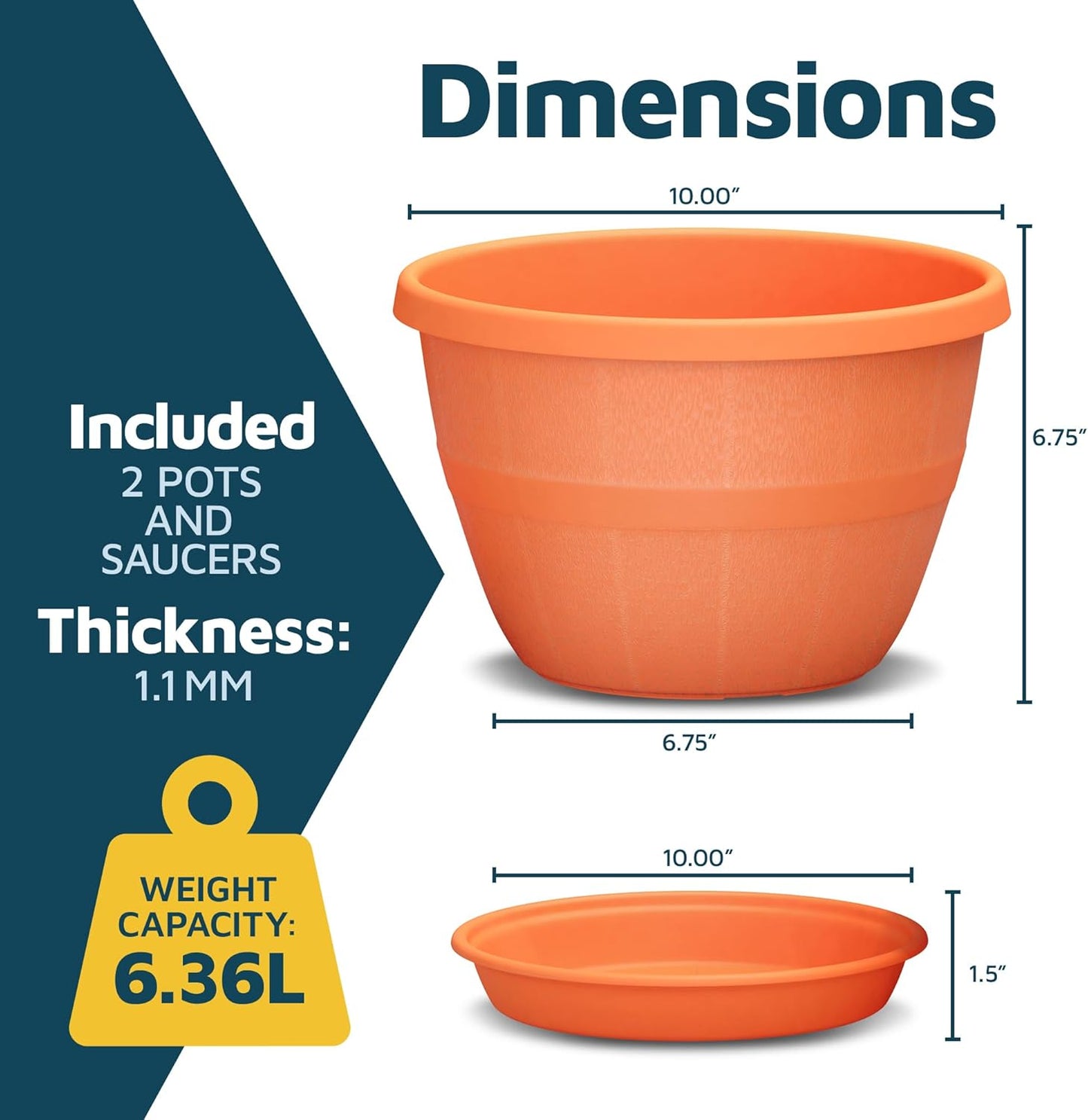 10-Inch Whiskey Barrel Planters Outdoor Pack of 2 - Durable Plastic Plant Pots for Indoor & Outdoor Use with Drainage & Saucer, Lightweight Rustic Barrel Planters for Flowers, Herbs & Small Plants