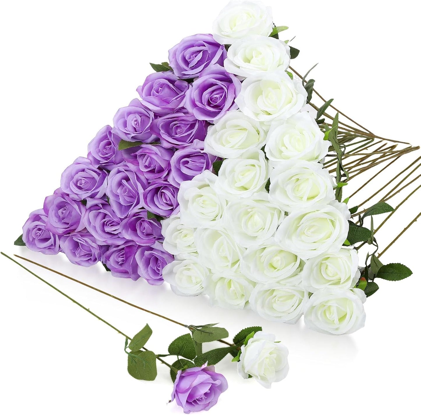 Hoemwarm 36 Pcs Silk Purple White Rose Bouquet Bridal Artificial Flowers,Fake Rose Long Stem Realistic Flowers Bulk for Wedding Bouquet Ball Arrangement Centerpiece Party Decor