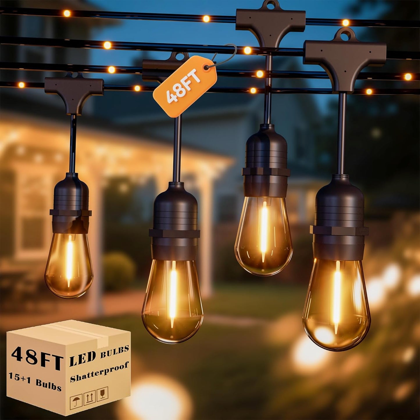 Outdoor String Fairy Lights, 48ft Dimmable Patio Lights with 15+1 S14 Retro Edison Bulbs & 144 Fairy Rope, IP65 Waterproof, LED Outside Hanging Light for Party Backyard Bistro, 7 Strands Connectable