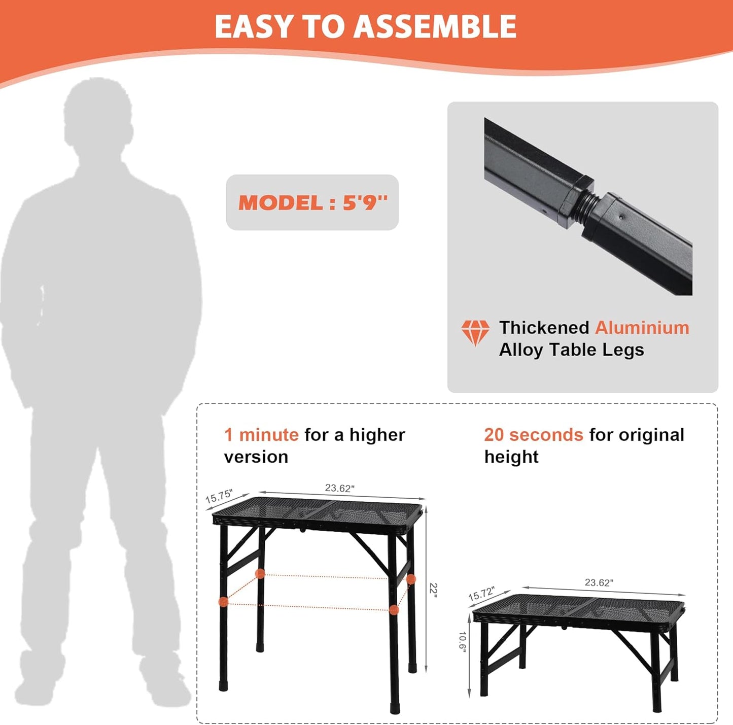 Camping Table with Mesh Desktop, Lightweight & Portable Small Folding Grill Table, Height Adjustable Metal Outdoor Table for Camp, Cooking, BBQ, RV, Picnic-2 FT Black