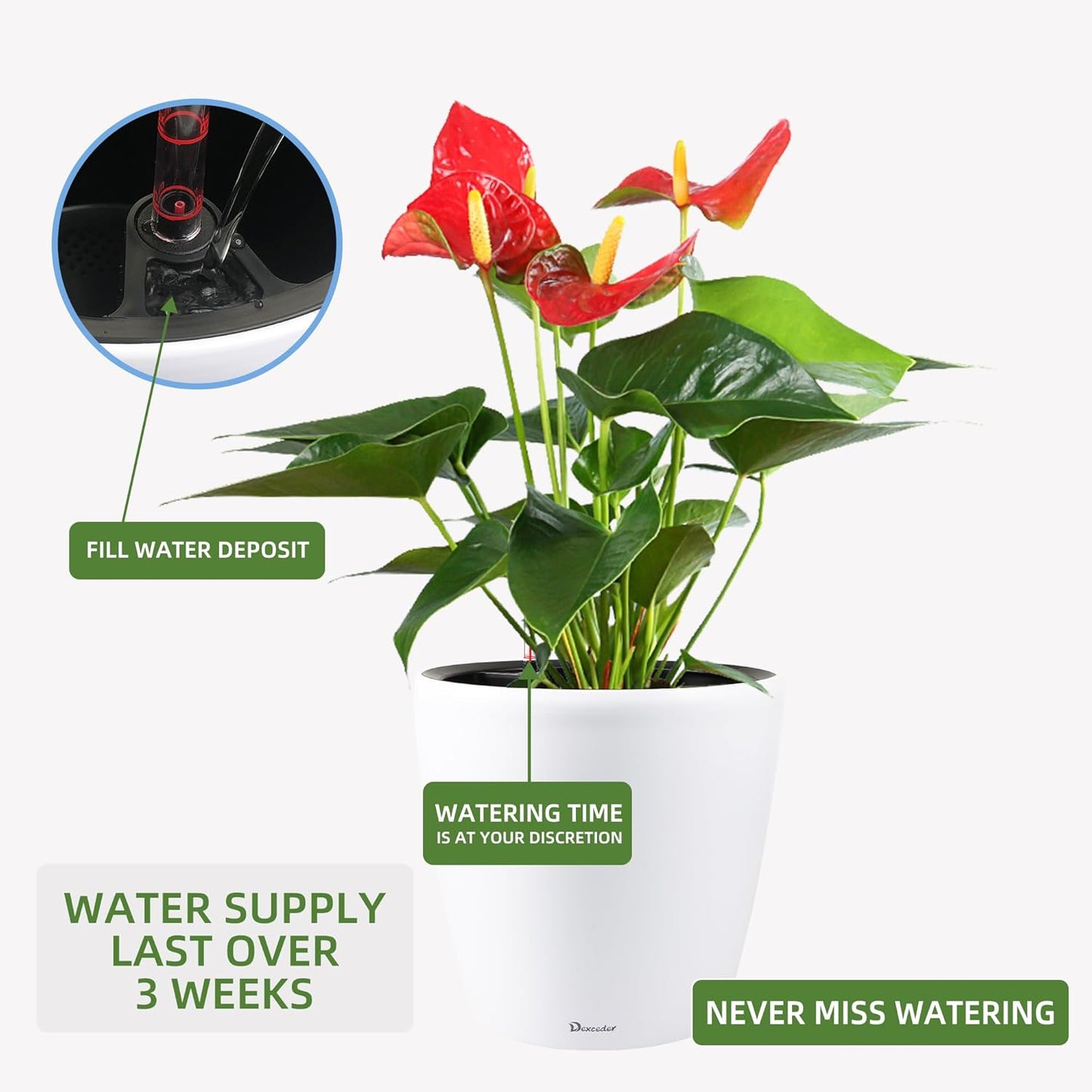 Dexceder 15x14 Self Watering Planter with Wheels Indoor Outdoor, Inner Pot Design, Thickened Large Floor Standing Flower Plant Pot with Water Level Indicator (White Matte)