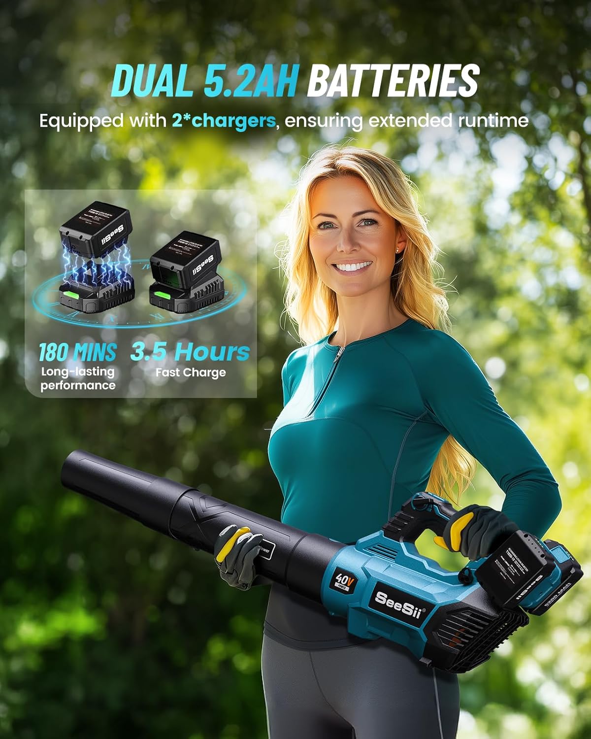 SEESII 40V Leaf Blower Cordless with 2 x 5200mAh Batteries and 2 Fast Chargers, 680CFM 210MPH Electric Leaf Blower with Variable Speed Control, Handheld Battery Blower for Lawn Care, Dust and Debris
