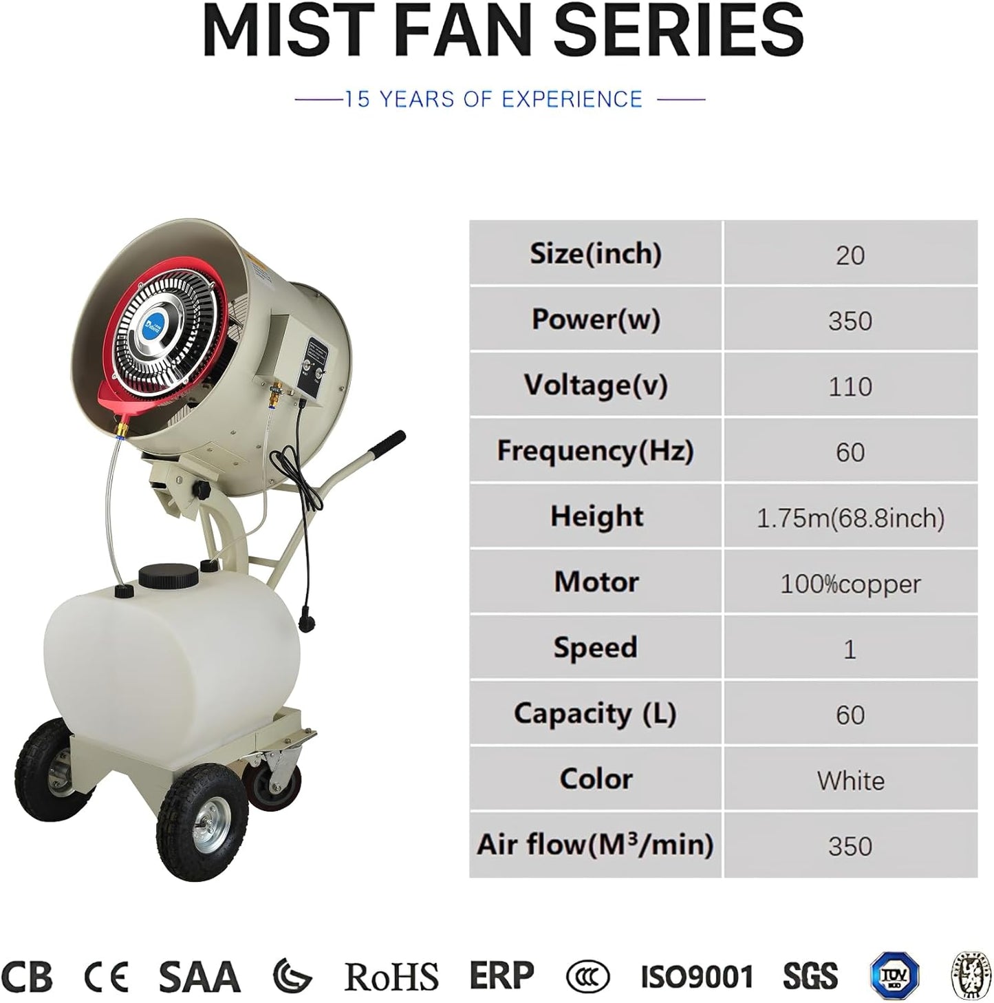 LI-GELISI High Power Misting Fan – All Metal With 1250 Sq Ft Cooling & 13 Gal Tank (White 550W/20 inches)