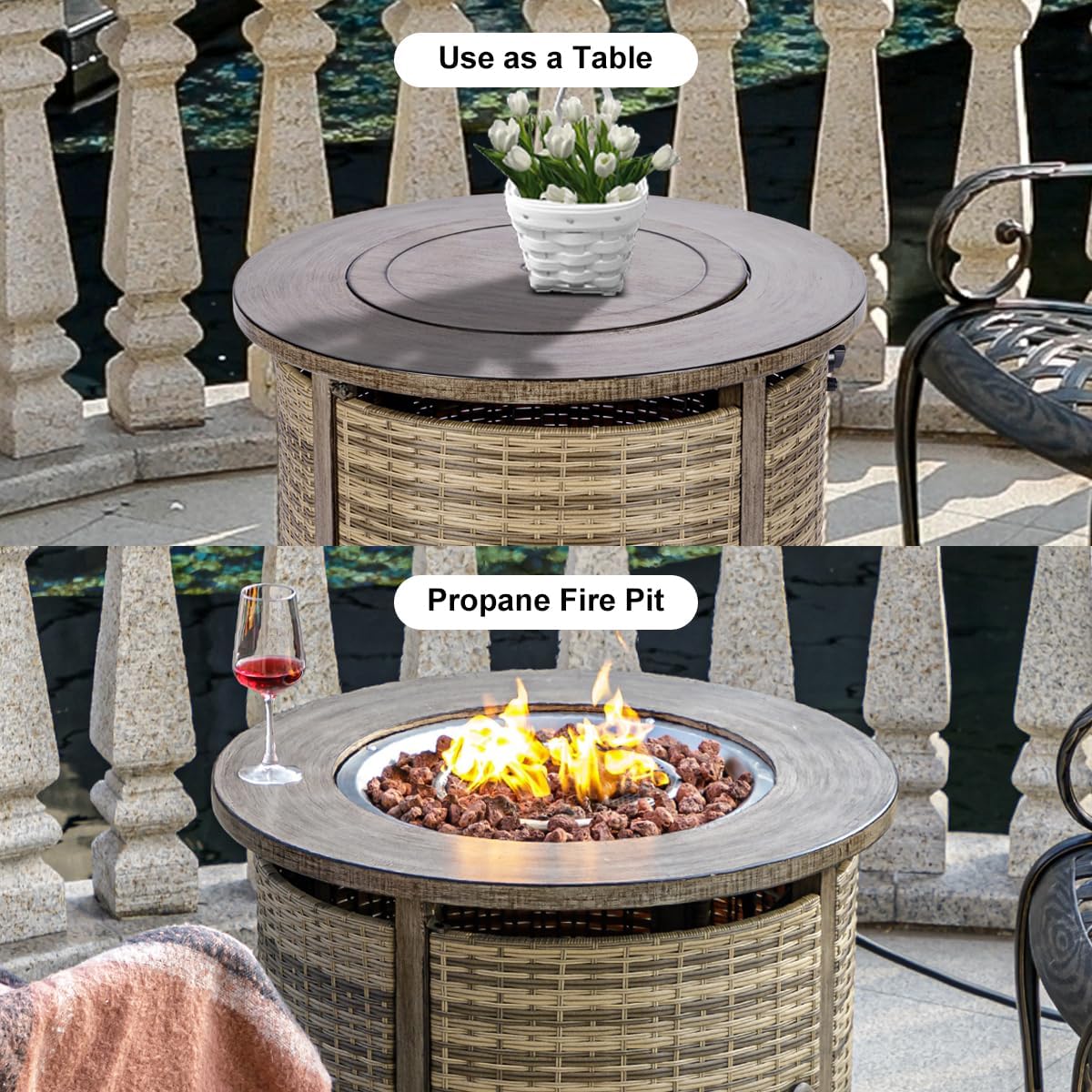 32 inch Propane Fire Pit Table,Wicker Gas Fire Pits Table with Lid & Lava Rocks, 50000 BTU Round Propane Firepit for Outside, Fire Table for Dining,Party, Patio,Yard