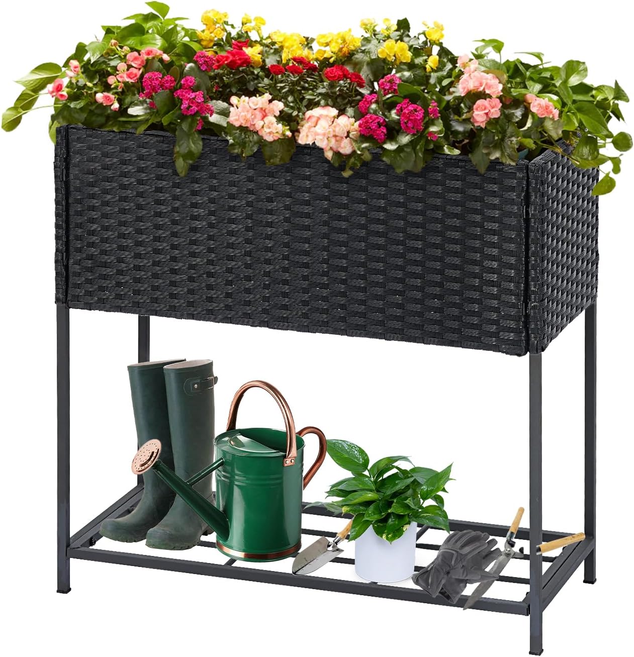 LEWIS&WAYNE Raised Garden Beds Outdoor with Legs Handmade Wicker Planter Box with Removable Liner & Storage Shelf Elevated Garden Bed for Vegetable Flower Herb - Black