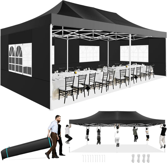COBIZI 13x26 Pop up Canopy Heavy Duty with 6 Sidewalls, Easy Set-up Commercial Outdoor Party, 100% Waterproof Wedding Canopy Gazebo, 2 Height Adjustable with Wheeled Bag,Black