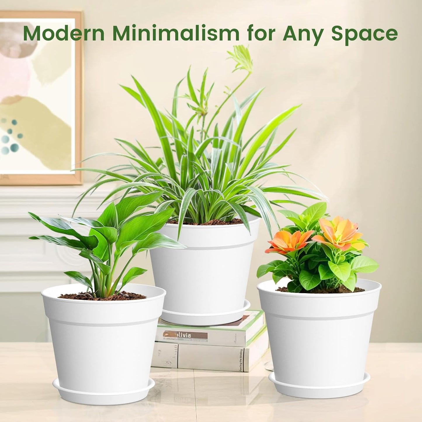 20 Pack 6 Inch Plant Pots with Drainage and Saucers, White Plastic Flower Pots for Indoor and Outdoor Plants, Stackable Nursery Planters for Houseplants and Herbs, White