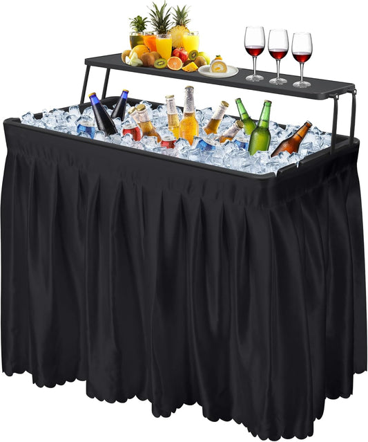 Portable Folding Ice Cooler Table - Two-Tier Outdoor Cooler Table with Removable Matching Skirt and Shelf, Ice Tables for Party, Camping, Picnic, Foldable Self-Serving Beverage Cooling Bar(Black)