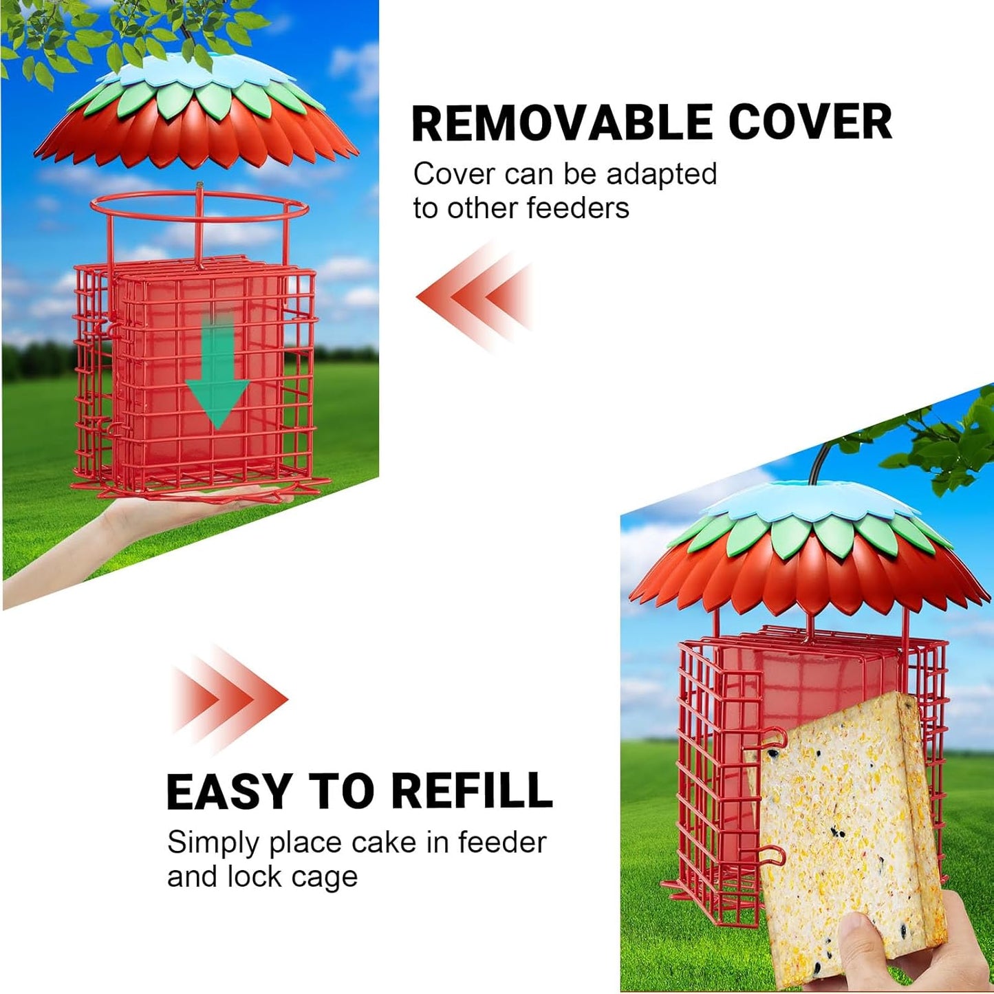 Suet Feeder Double with Weather Guard & Ant Moat, Skaithee Bird Feeders for Outdoors Hanging with 2 Holders Keep Cakes Clean & Fresh Attracts Wild Birds Great for Woodpecker & Clinging Birds, Red