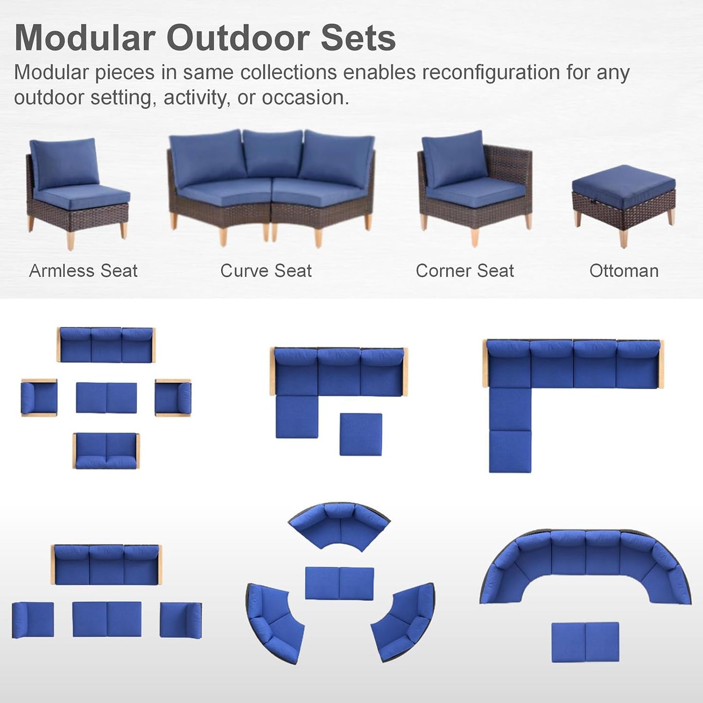 HUMMUH 7 Pieces Patio Furniture Set,Outdoor Modular Sectional Couch Chairs with Ottomans,All Weather PE Wicker Patio Conversation Sets for Garden Porch Backyard