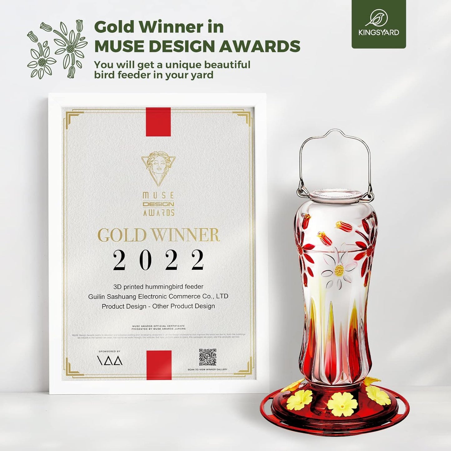 Kingsyard Hummingbird Feeder for Outdoors Hanging, 25 Ounces, Glass Humming Bird Nectar Feeder with Ant Moat & 6 Feeding Ports, Leak Proof, Red