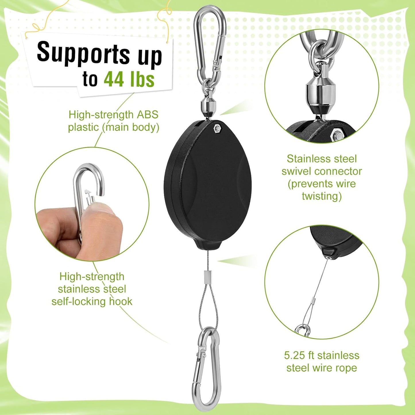 Plant Pulleys for Hanging Plants, Heavy Duty Retractable Hangers, 304 Stainless Steel Rope, Auto Plant Holder, Adjustable Climbing Hook for Garden Baskets Watering, or Bird Feeders (Black-4)