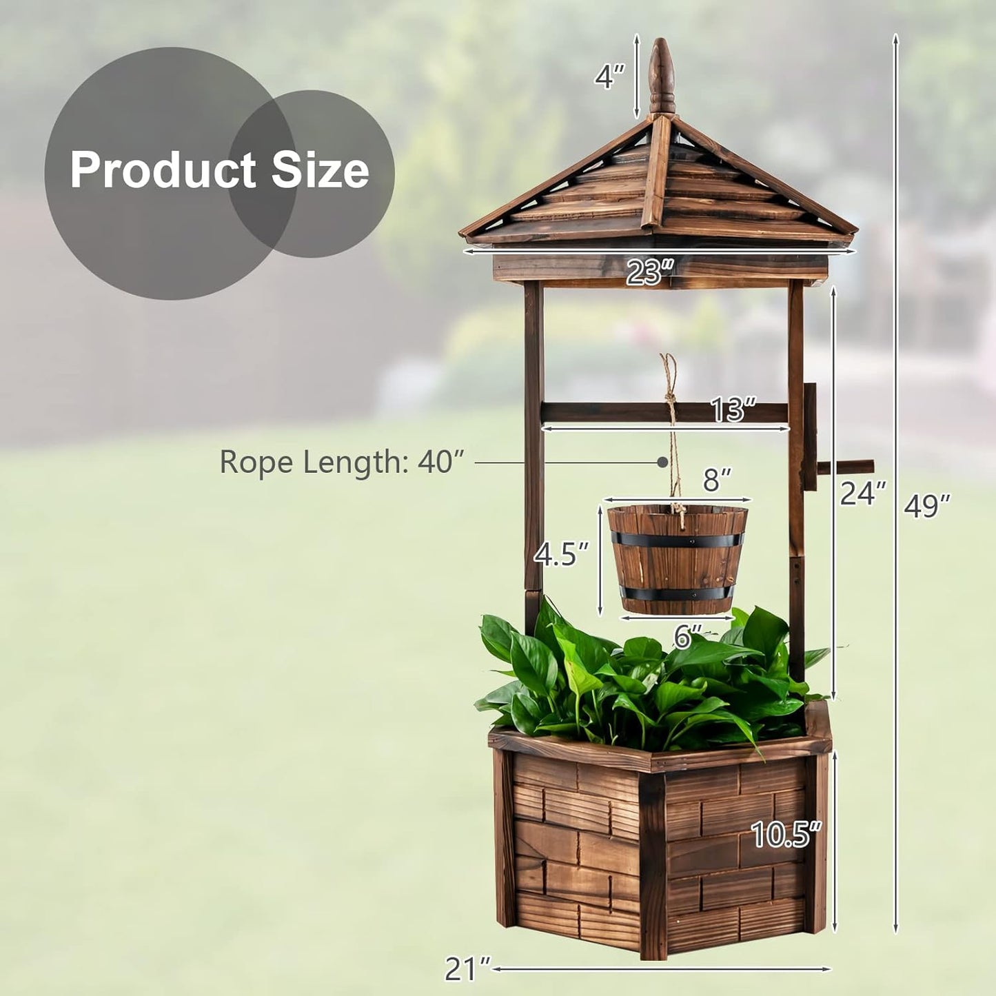 Giantex Rustic Wooden Wishing Well Planter with Hanging Bucket, Roof Shadow, Reinforced Rod, Wishing Wells for Outdoors Backyard Patio Garden Outside Decor