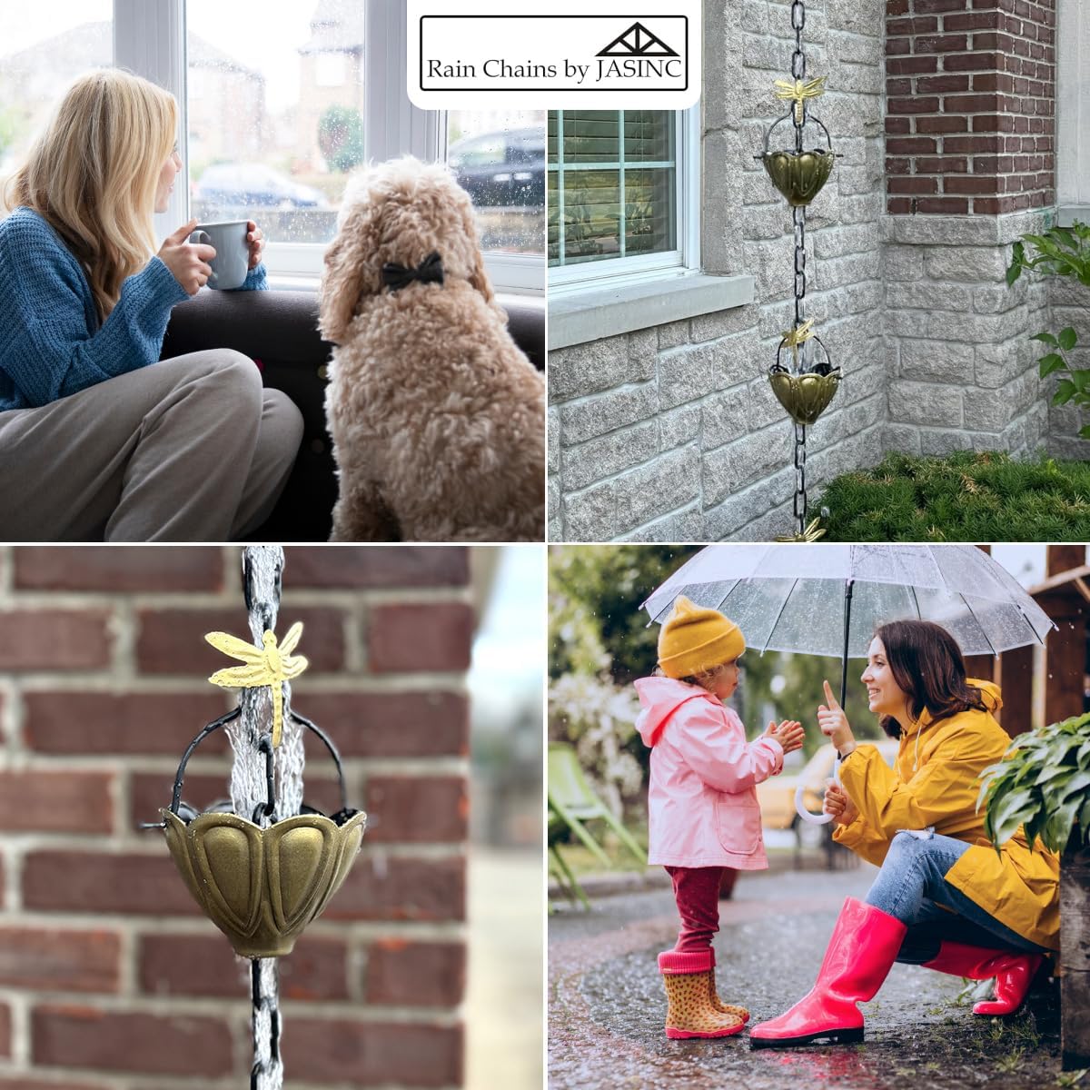 8.5 ft Dragonfly Cups Antique Brass, to Replace Roof Gutter Downspout, with Installation Kit, Rainwater Catcher/Water Diverter, JAS8004AB