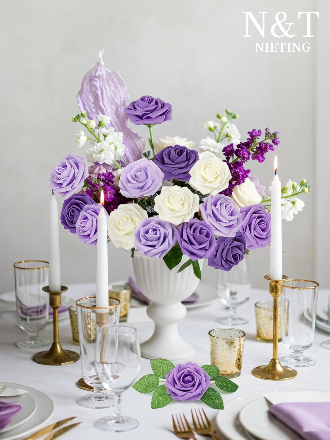 N&T NIETING Artificial Flowers, 25pcs Fake Flowers Rose with Stems Perfect for DIY Wedding Bridesmaid Bridal Bouquets Centerpieces Home Flower Arrangement Decoration, Series Purple