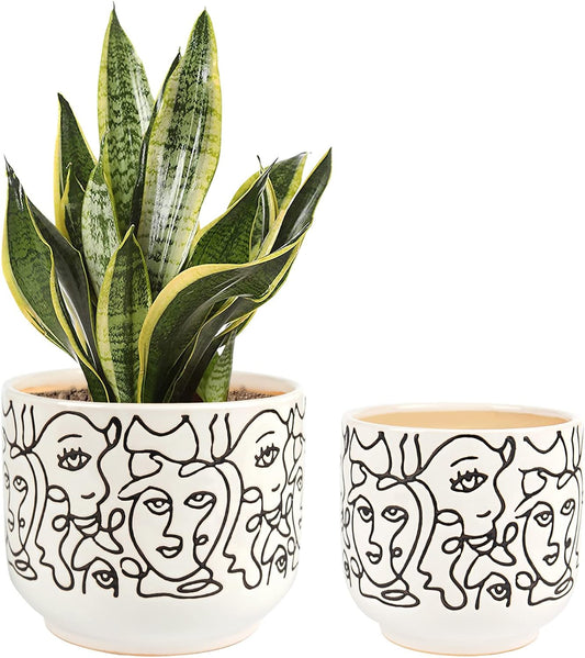 Docrin Plant Pots Indoor with Drainage : 6.6+5.4 Inch Ceramic Flower Pots for Plants - Set of 2 Modern Decorative Face Planters for House/Office/Gift - /Black and White