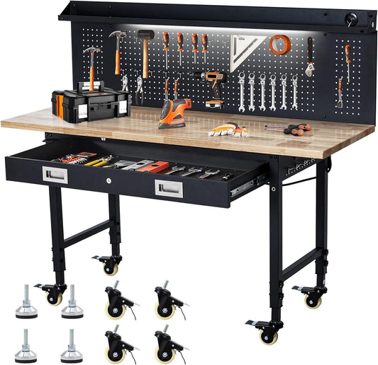 60" Adjustable Workbench with Drawer Storage, Rubber Wood Top Work Table for Garage, Heavy Duty Worktable with Removable Pegboard, Power Outlet, Hooks, Tool Storage Bench for Warehouse Workshop
