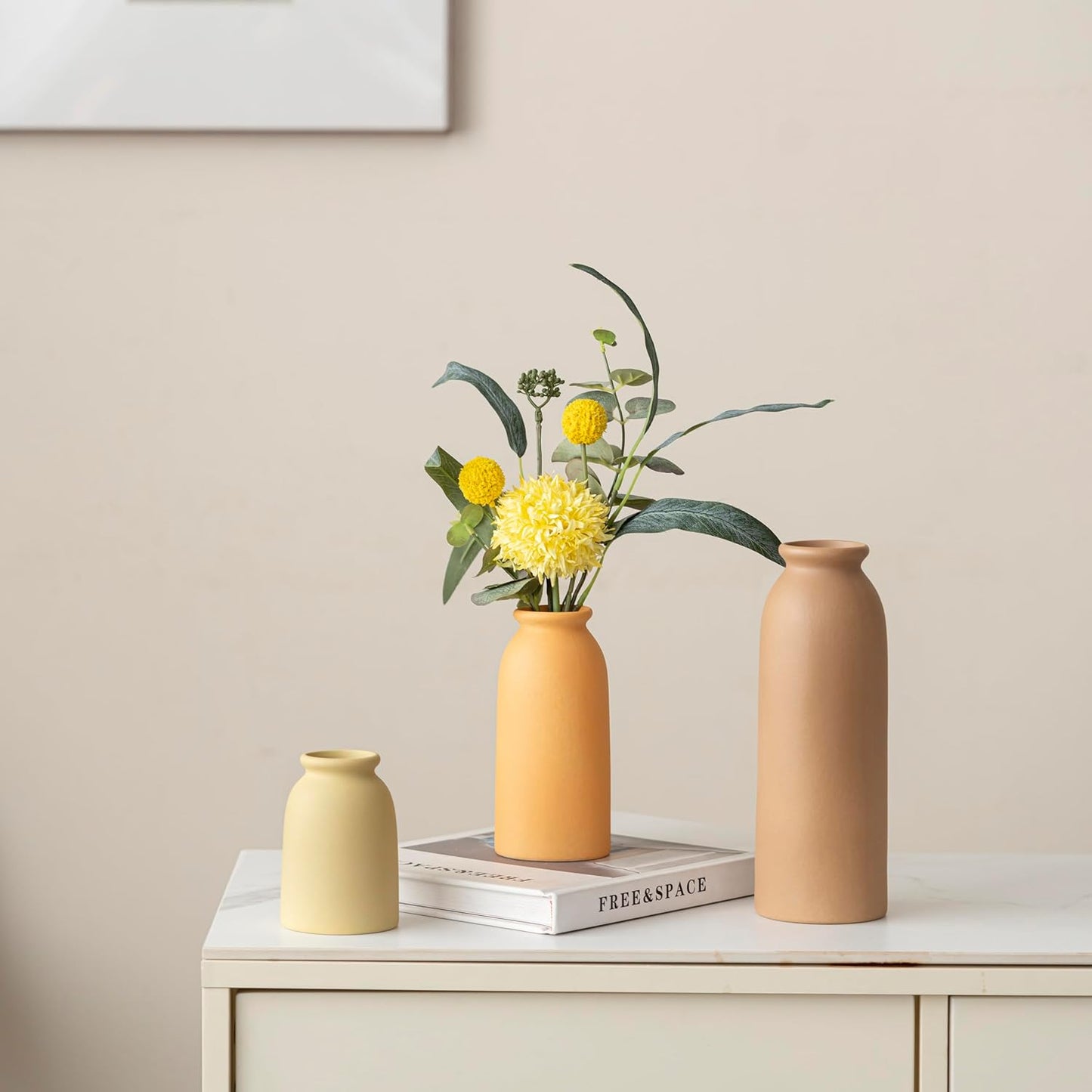 Ceramic Vase Set-3, Small Flower Vases for Decor, Modern Boho Farmhouse Style, Decorative Vases for Pampas Grass & Dried Flowers, Distressed Finish (Brown Mix)