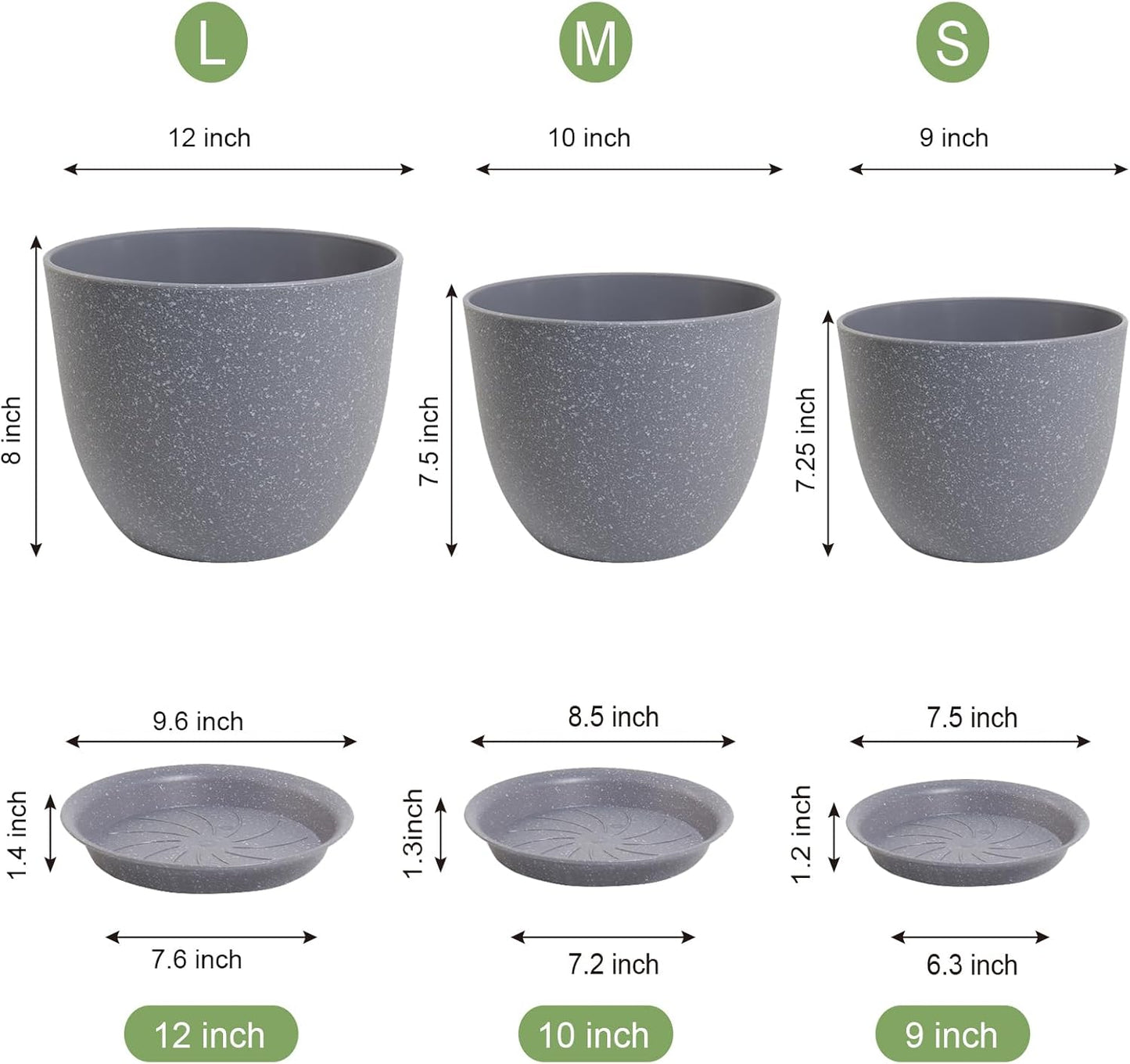 12/10/9 inch Large Plant Pots, 3 Pack Modern Decorative Plastic Planters with Drainage Holes and Saucer for House Garden Plants, Flower Pots for Indoor Outdoor Plants, Speckled Grey