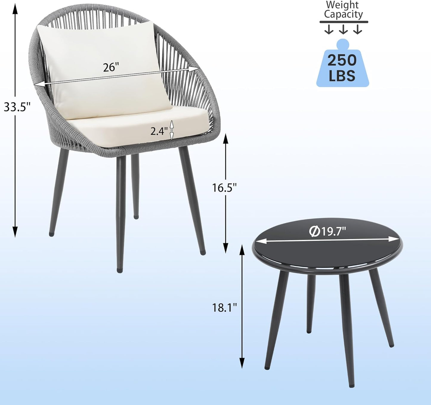 3 Pieces Bistro Set, Woven Rope Chair with Cushions, All Weather Patio Conversation Set and Side Table, Ideal for Deck, Balcony, Poolside, Grey