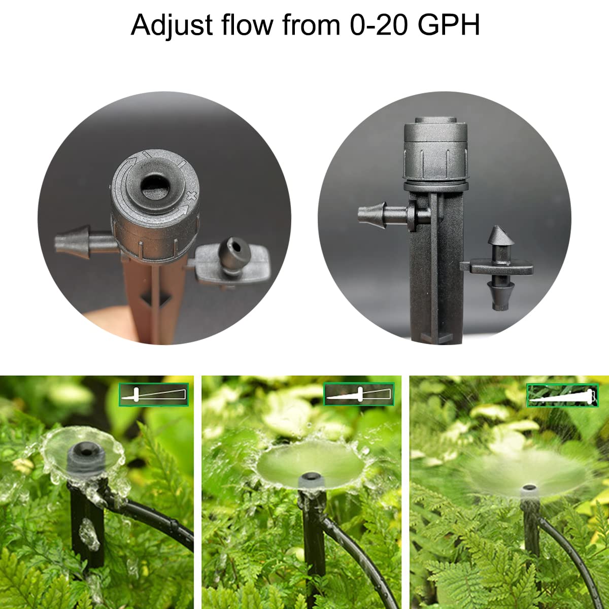 25 Pcs Drip Irrigation Emitters, Adjustable Flow 0-20 GPH Irrigation Drippers with Stake, Full Circle Flow Sprinkler Head, Micro Sprinkler for Garden Patio Lawn Flower Bed